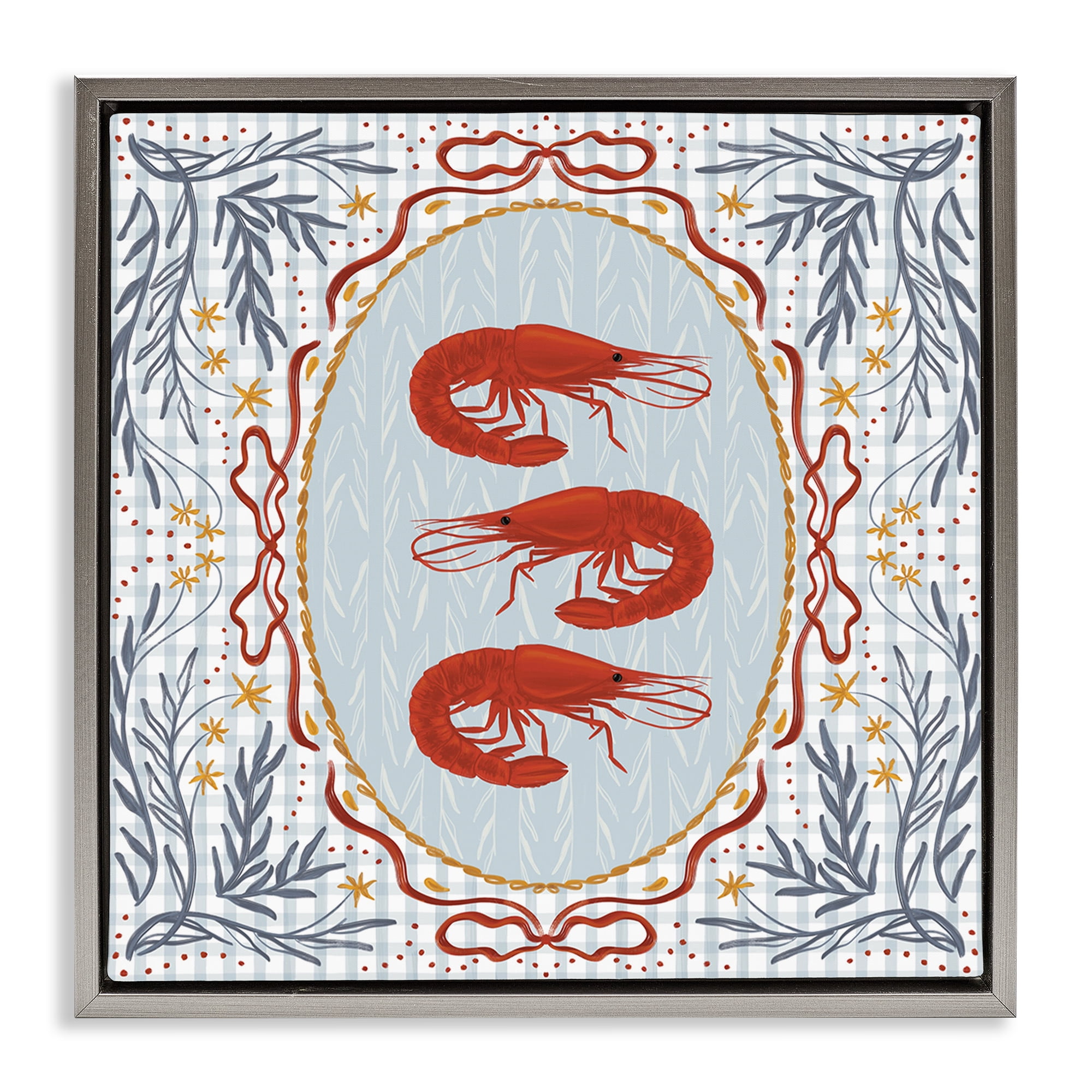 Stupell Industries Prawn Trio on Blue Gingham Gray Framed Floater Canvas Wall Art, design by Vero Illustrates