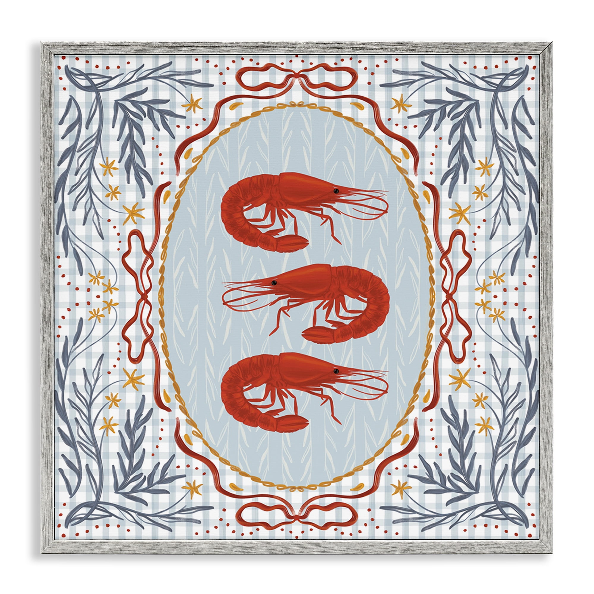 Stupell Industries Prawn Trio on Blue Gingham Gray Framed Giclee Art, design by Vero Illustrates