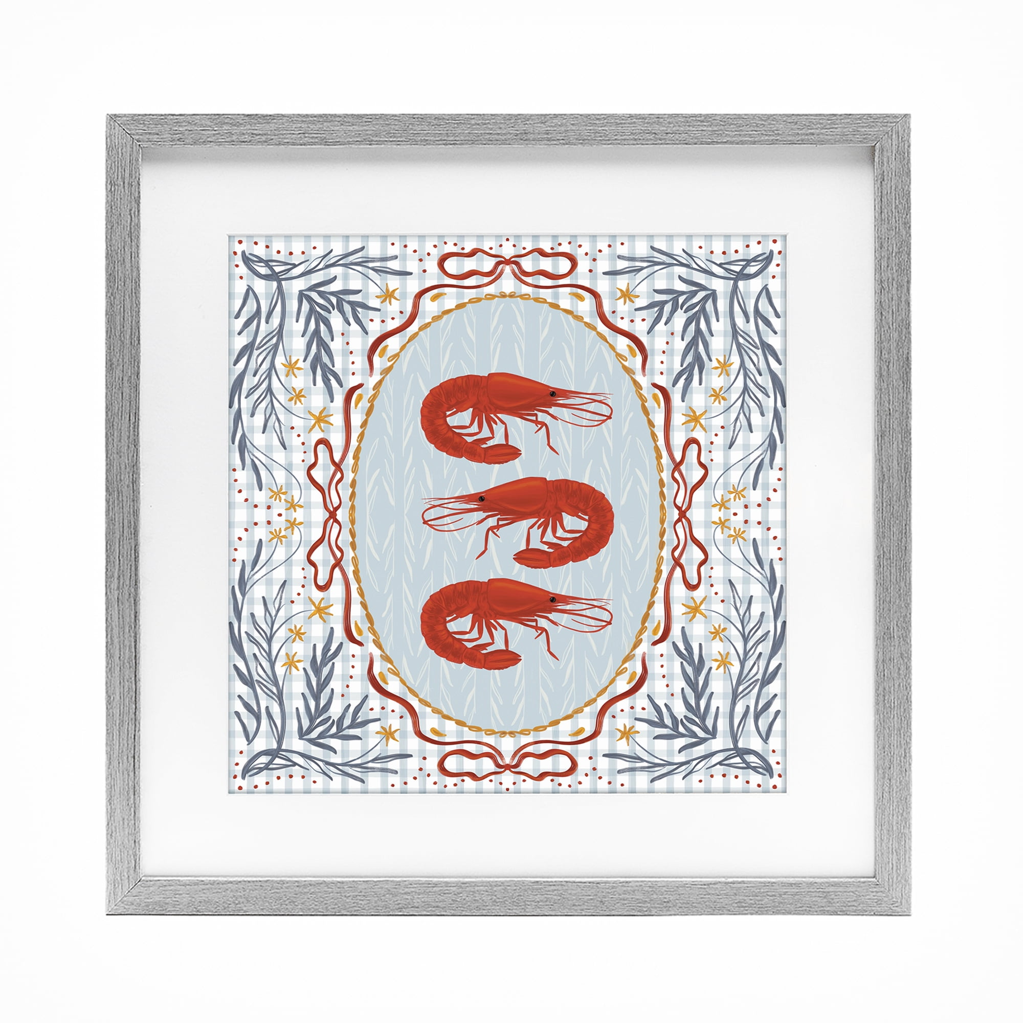 Stupell Industries Prawn Trio on Blue Gingham Gray Framed Print Under Glass, design by Vero Illustrates