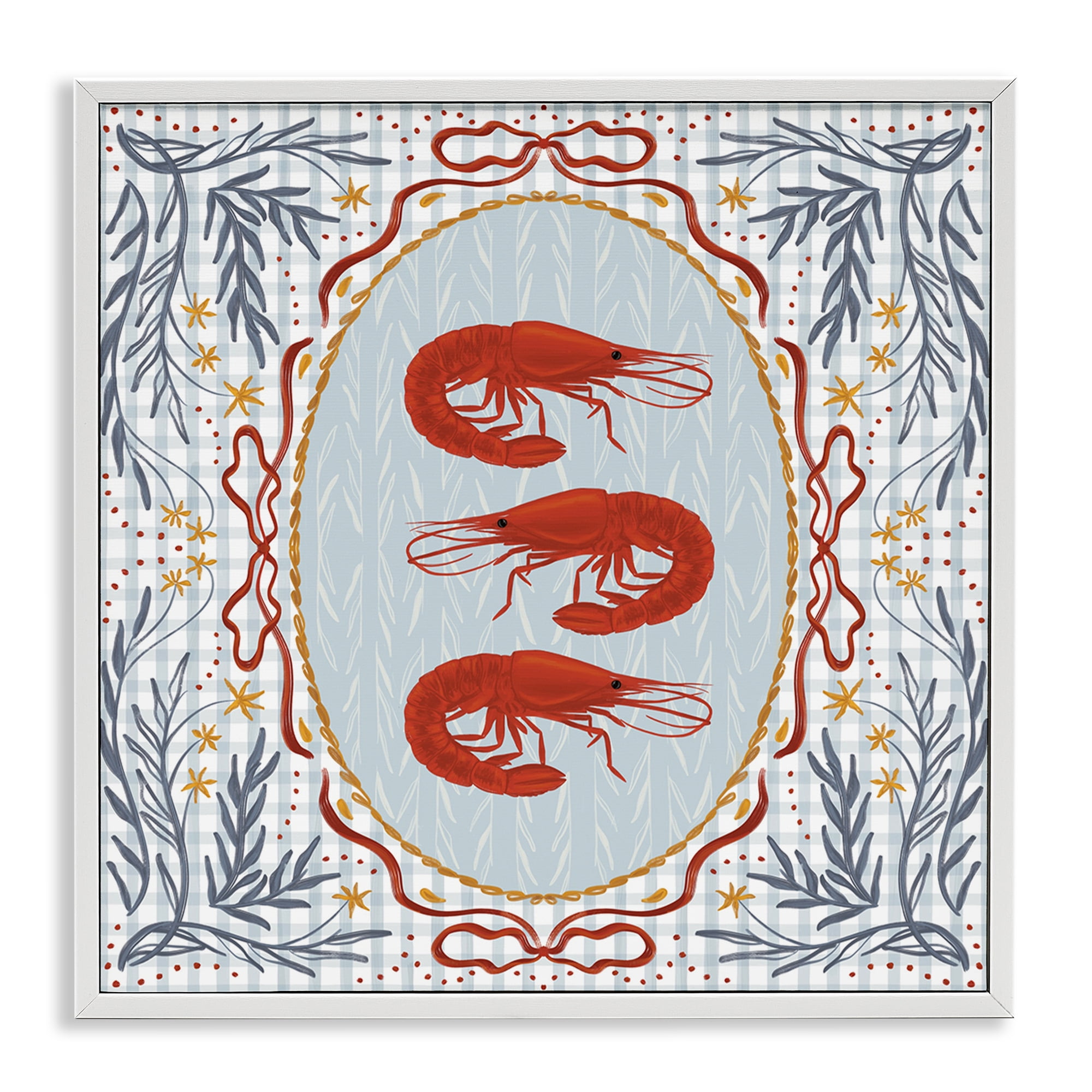 Stupell Industries Prawn Trio on Blue Gingham White Framed Giclee Art, design by Vero Illustrates