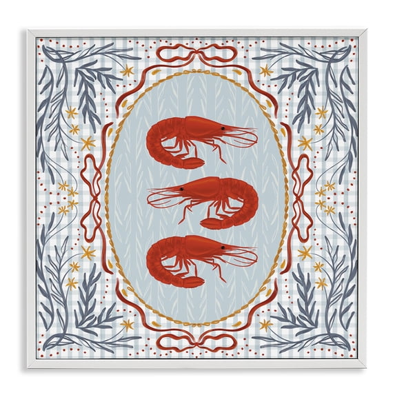 Stupell Industries French Country Prawn Trio on Blue Gingham White Framed Giclee Art, 12 x 12, by Vero Illustrates