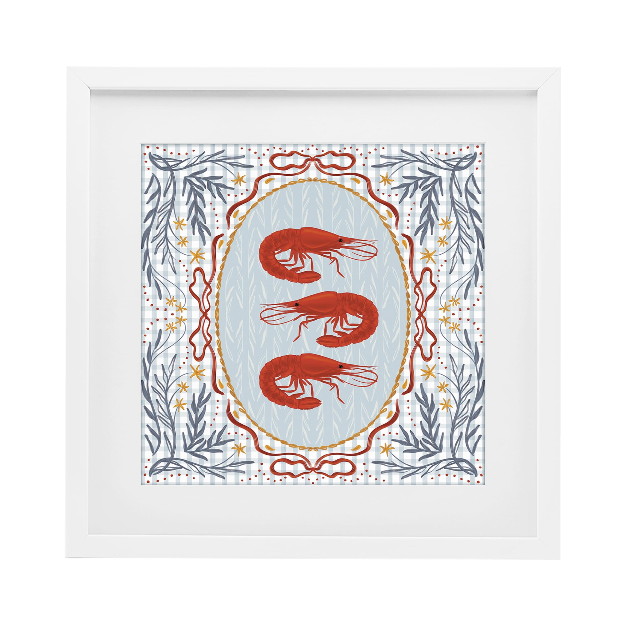 Stupell Industries Prawn Trio on Blue Gingham White Framed Print Under Glass, design by Vero Illustrates
