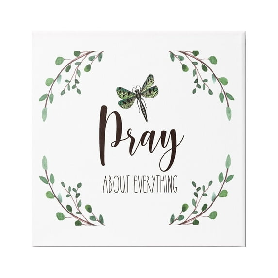 Stupell Industries Pray About Everything Dragonfly Insect Laurel Branch Crown,36 x 36, Design by Elizabeth Tyndall