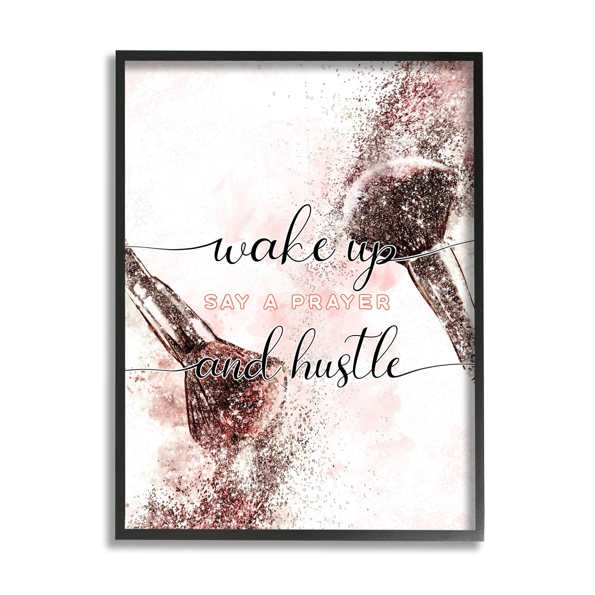 Stupell Industries Pray And Hustle Phrase Glam Cosmetic Brush Religious Painting Black Framed Art Print Wall Art, 16 x 20