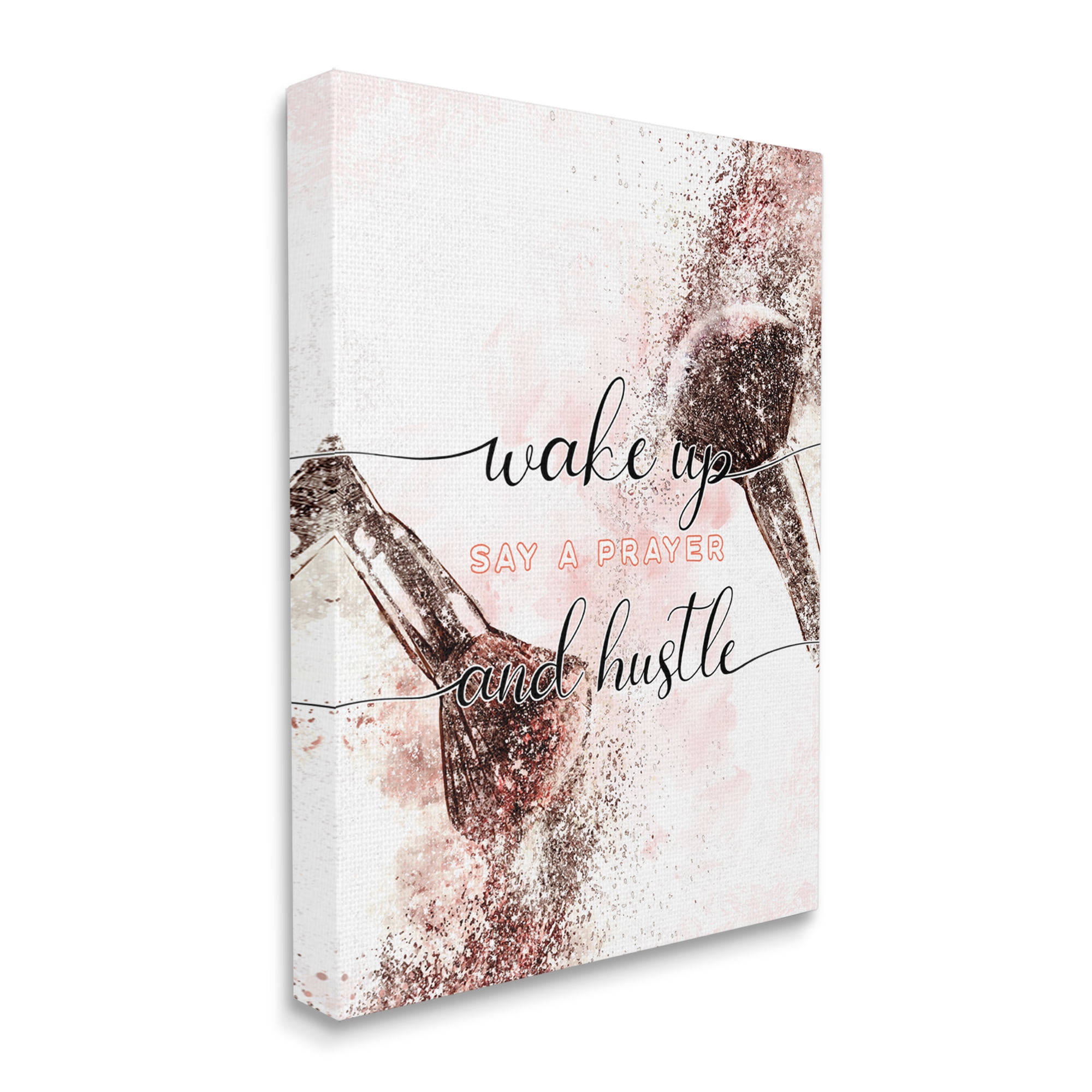 Stupell Industries Pray And Hustle Phrase Glam Cosmetic Brush Religious Painting Gallery Wrapped Canvas Art Print Wall Art, 30 x 40