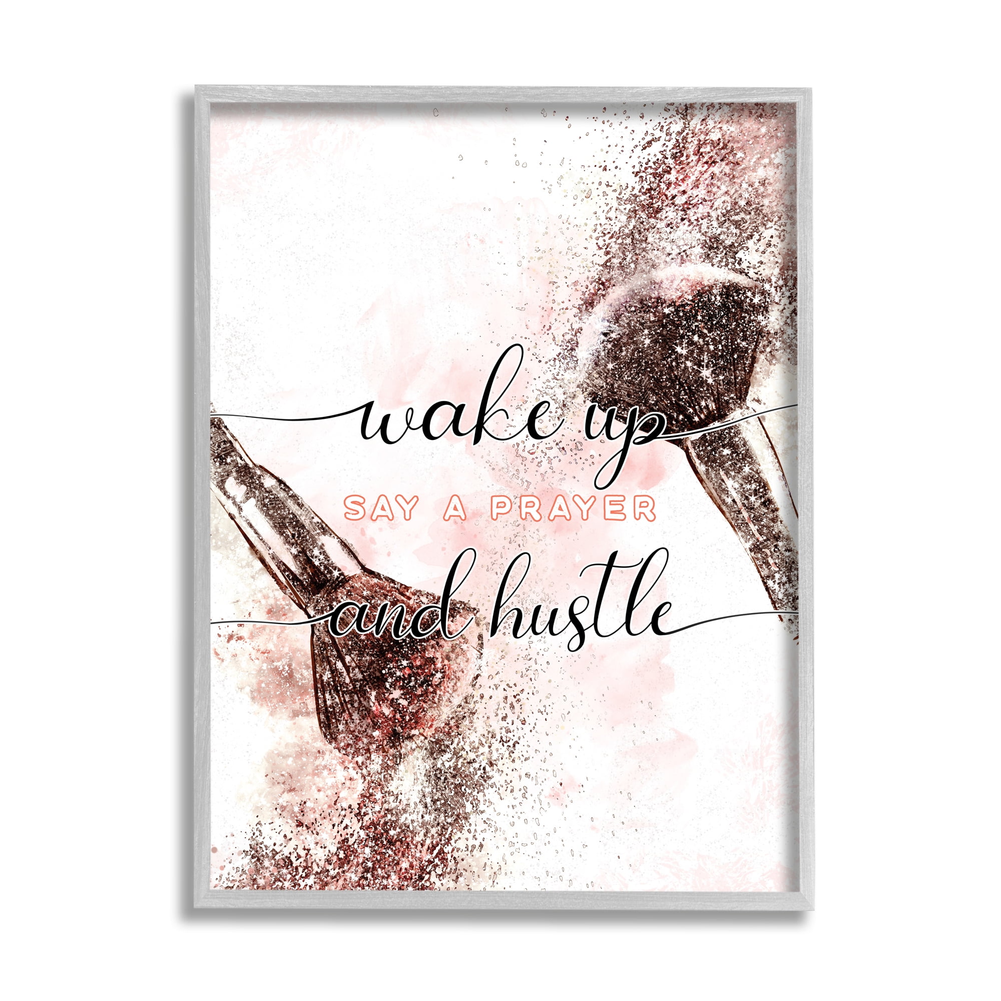 Stupell Industries Pray And Hustle Phrase Glam Cosmetic Brush Religious Painting Gray Framed Art Print Wall Art, 16 x 20