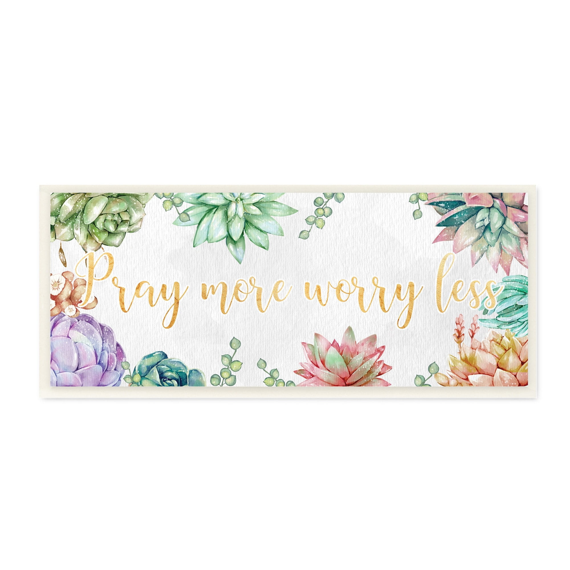 Stupell Industries Pray More Worry Less Phrase Spring Succulent Plants Botanical & Floral Painting Unframed Art Print Wall Art, 7 x 17