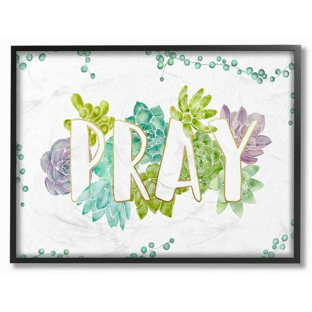 Stupell Industries Pray Succulent Flowers Green Purple Watercolor Painting Framed Wall Art by Ziwei Li
