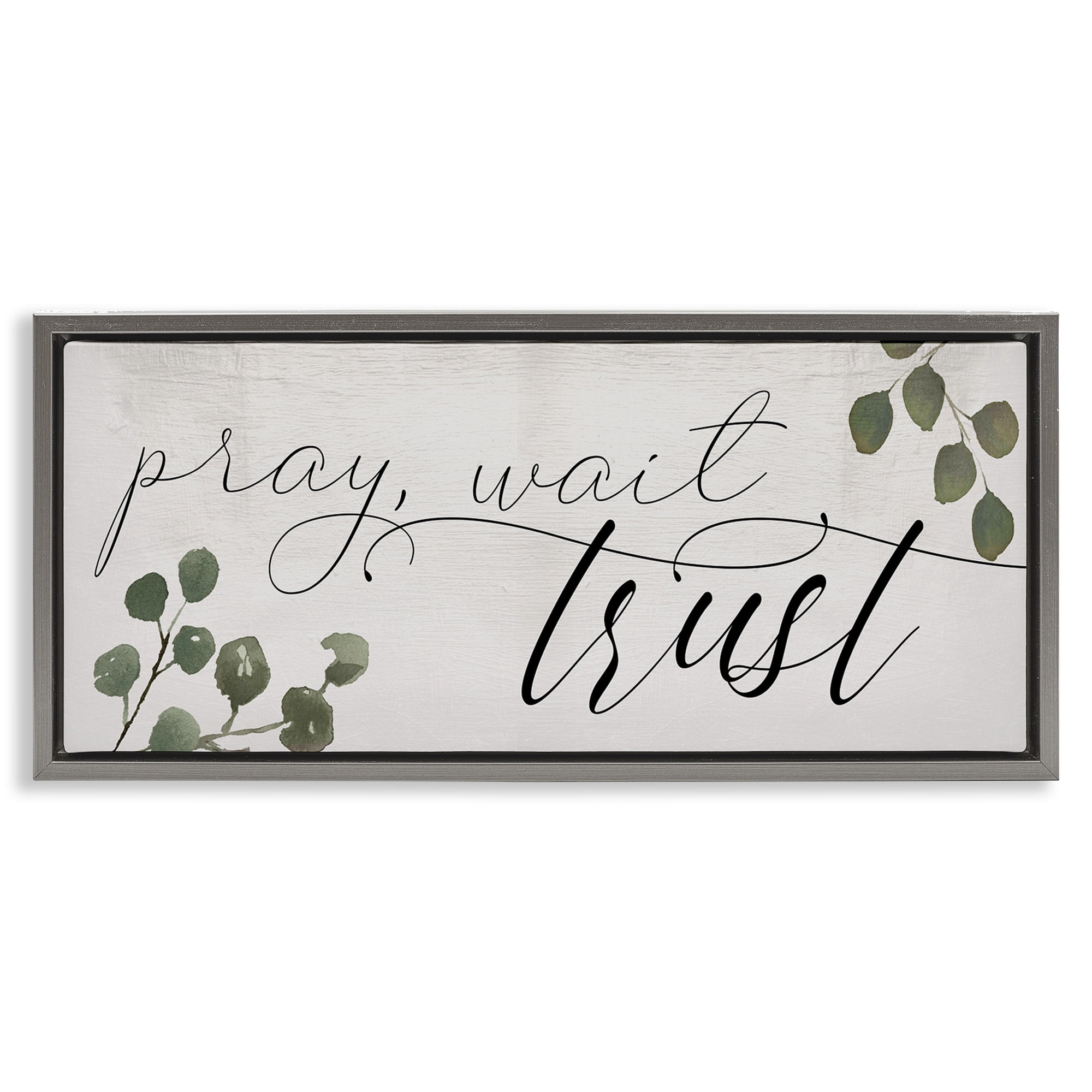 Stupell Industries Pray Wait Trust Phrase Religious Painting Gray Floater Framed Canvas Art Print Wall Art, 31 x 14
