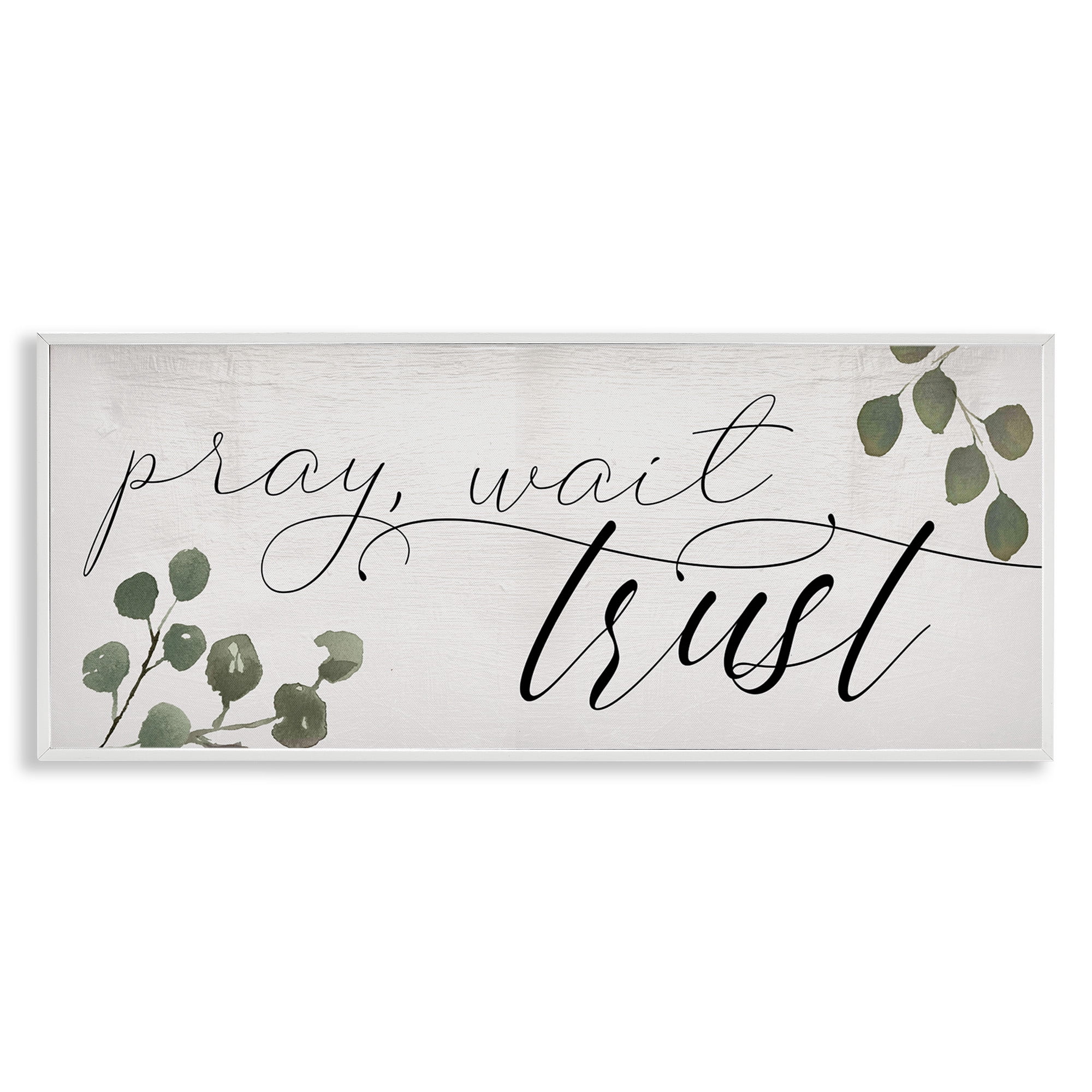 Stupell Industries Pray Wait Trust Phrase Religious Painting White Framed Art Print Wall Art, 24 x 10