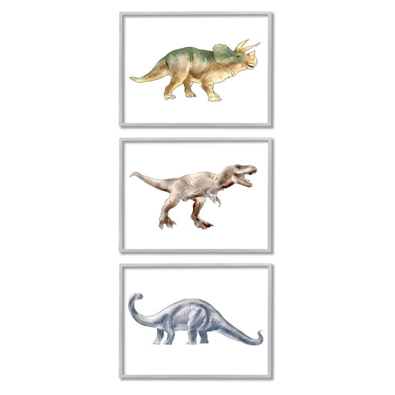 Stupell Industries Pre-Historic Dinosaurs Walking Fun Watercolor Reptiles Grey Framed, 16 x 20, Design by Ziwei Li