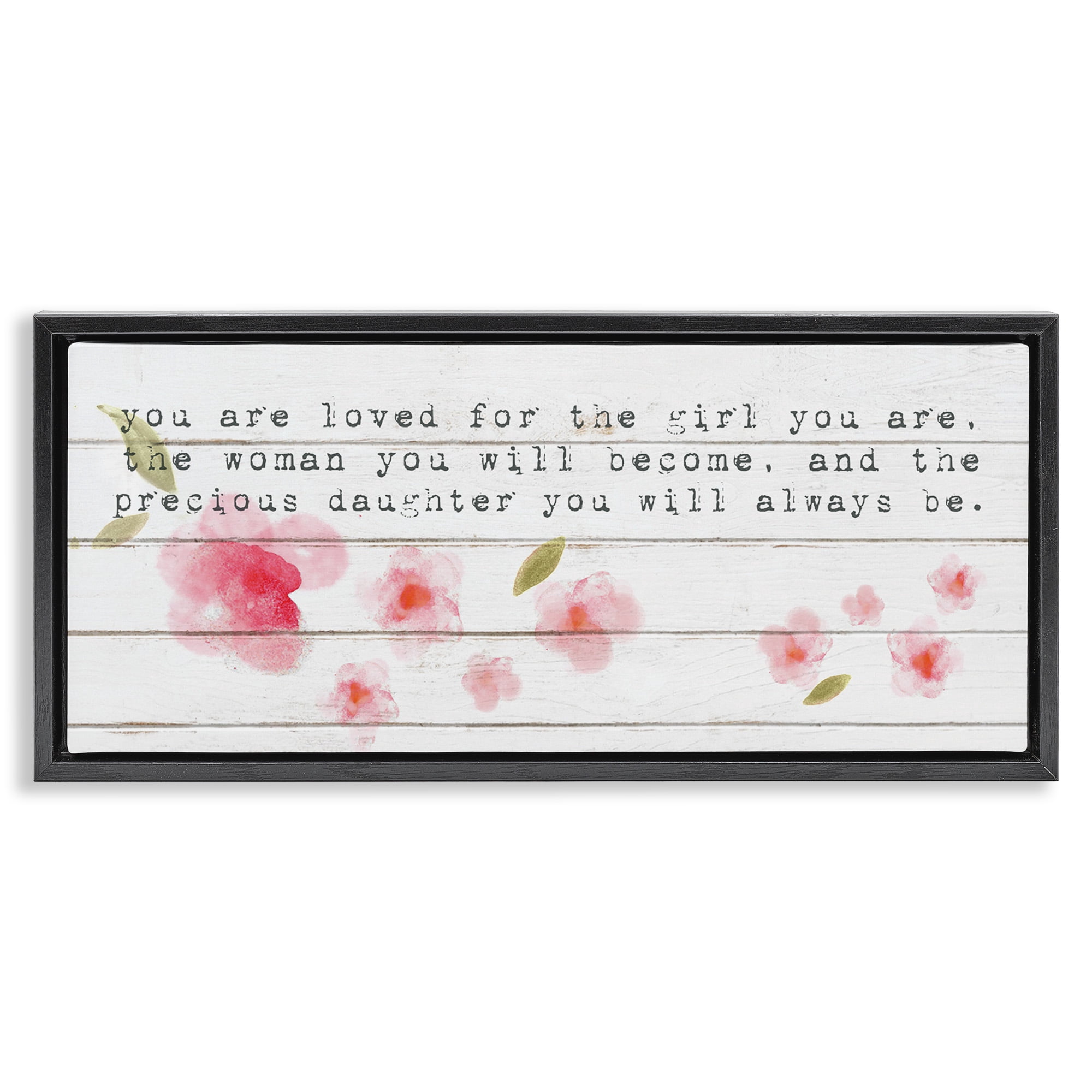 Stupell Industries Precious Daughter with Pink Flowers Art for Kids Painting Black Floater Framed Canvas Art Print Wall Art, 31 x 14