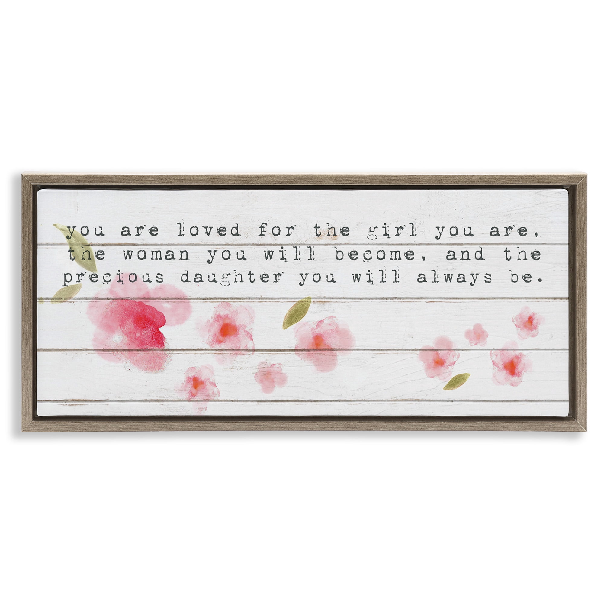 Stupell Industries Precious Daughter with Pink Flowers Art for Kids Painting Brown Floater Framed Canvas Art Print Wall Art, 31 x 14