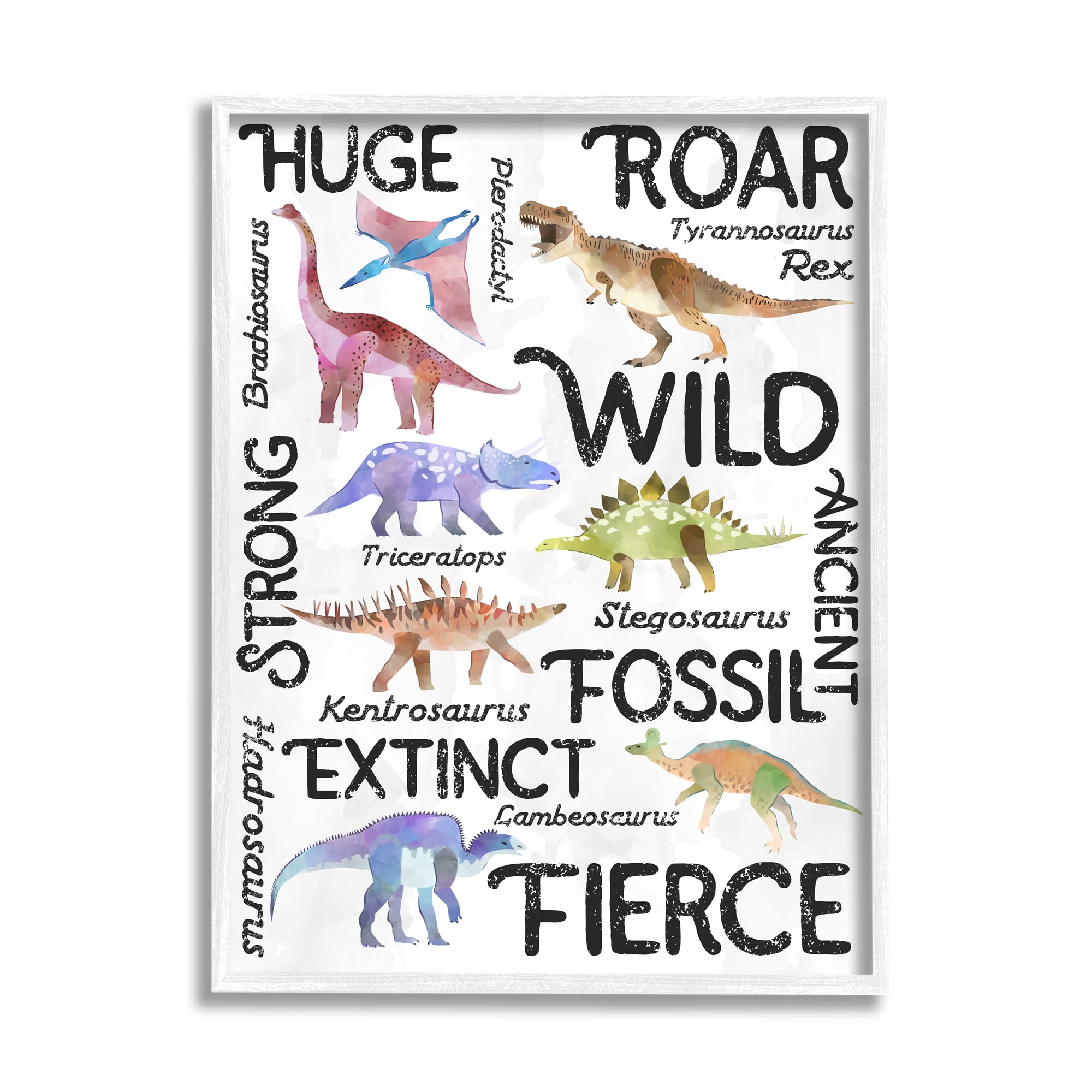 Stupell Industries Prehistoric Dinosaurs and Dino Phrases Playful Illustrations Modern Painting White framed Art Print Wall Art, 11 x 14, Design by Ziwei Li