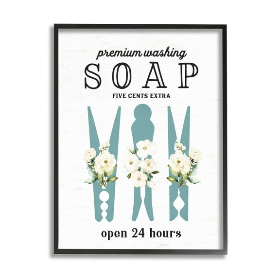 Stupell Industries Premium Soap Laundry Sign Vintage Floral Clothespins Graphic Art Black Framed Art Print Wall Art, Design by Lettered and Lined