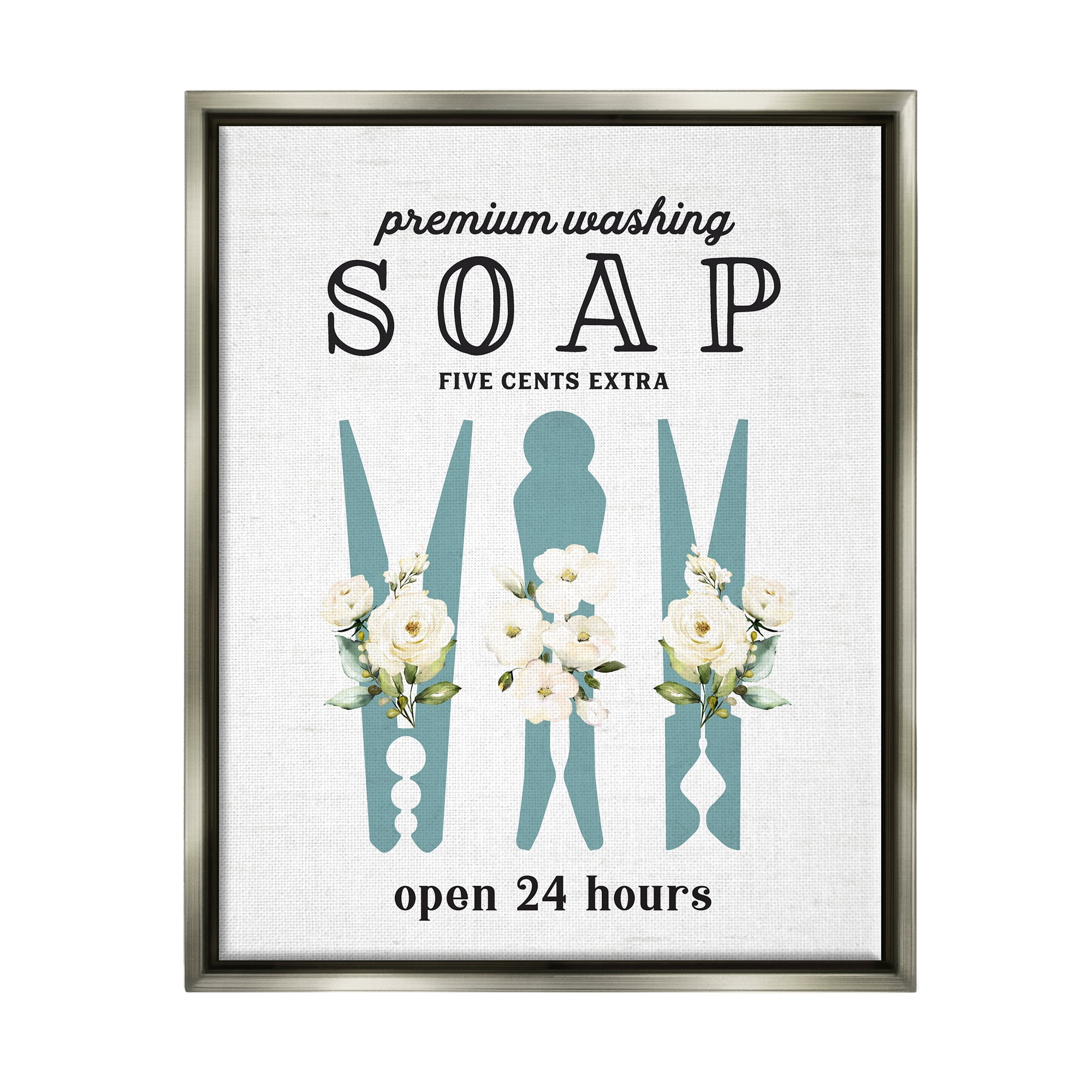 Stupell Industries Premium Soap Laundry Sign Vintage Floral Clothespins Graphic Art Luster Gray Floating Framed Canvas Print Wall Art, Design by Lettered and Lined
