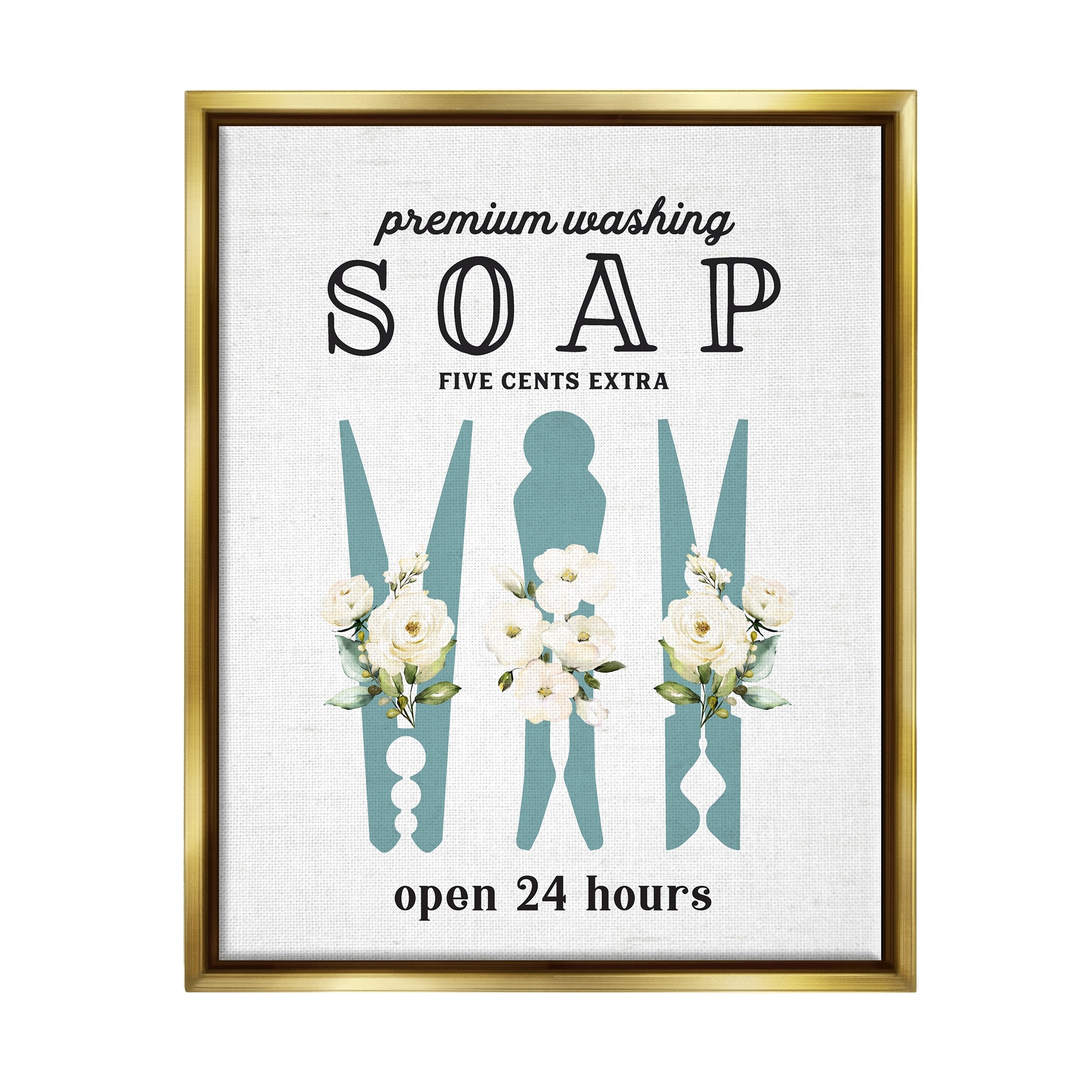 Stupell Industries Premium Soap Laundry Sign Vintage Floral Clothespins Graphic Art Metallic Gold Floating Framed Canvas Print Wall Art, Design by Lettered and Lined