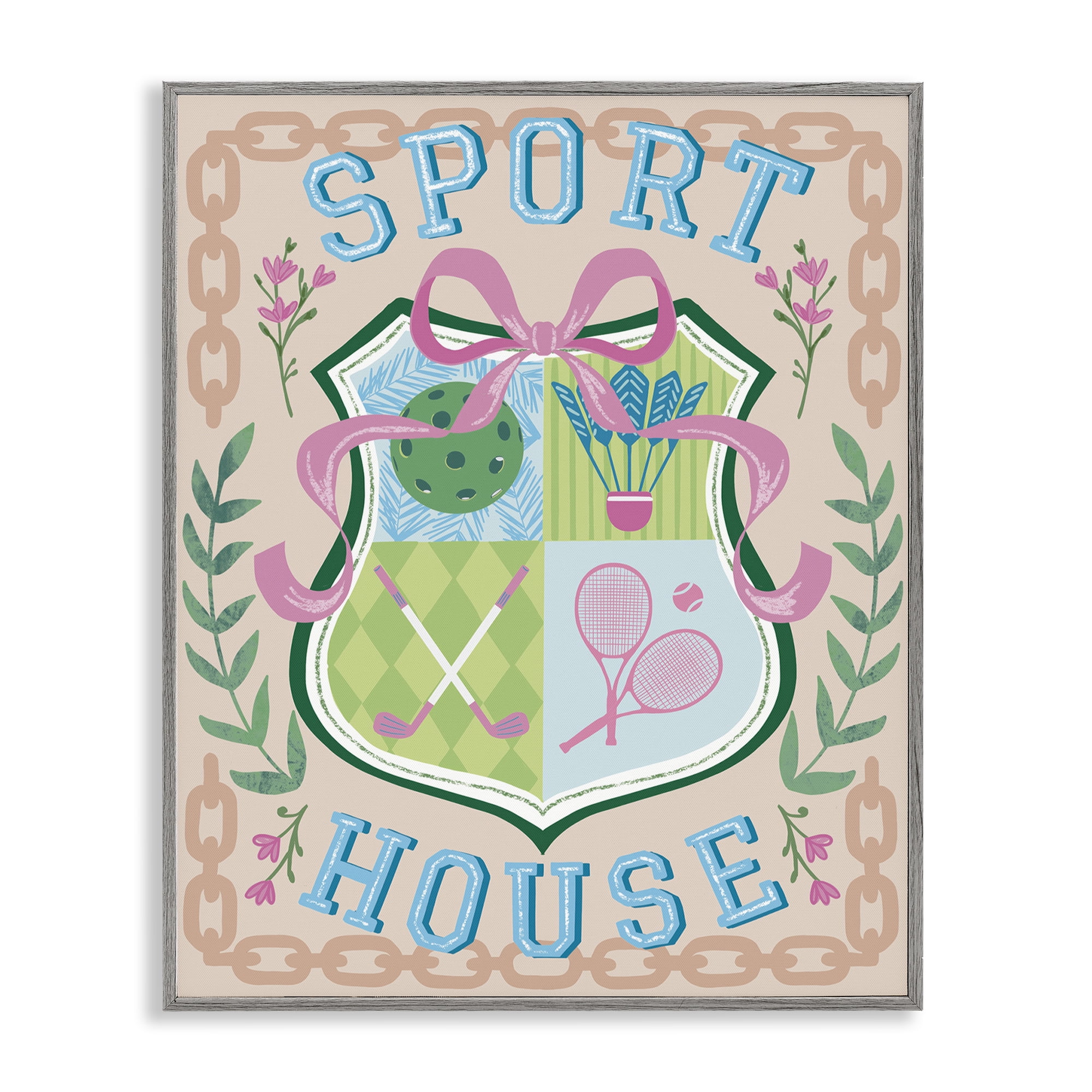 Stupell Industries Preppy Coast Emblem Sports Painting Gray Framed Art Print Wall Art, 16 x 20