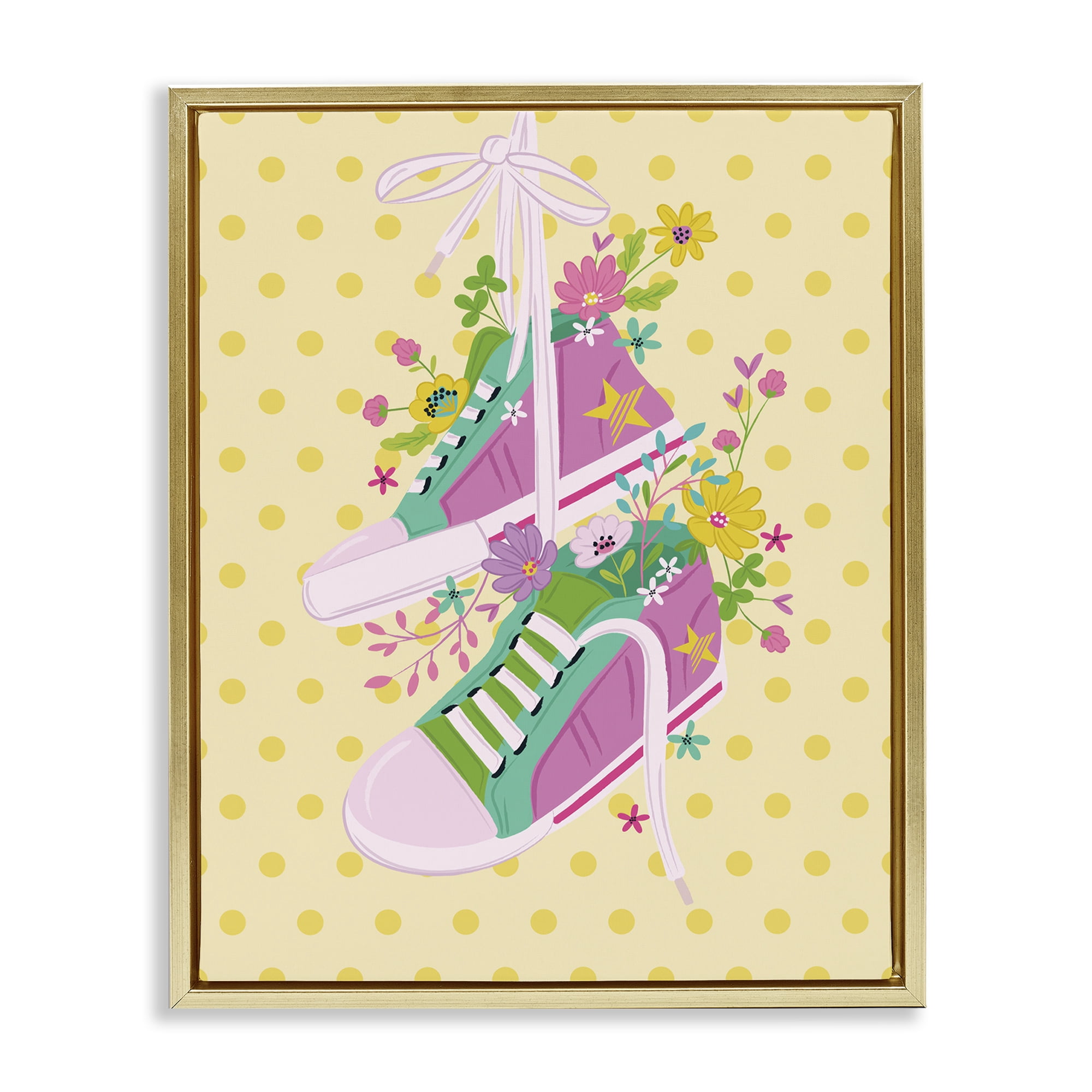 Stupell Industries Preppy Floral Sneakers Fashion Painting Gold Floater Framed Canvas Art Print Wall Art, 17 x 21