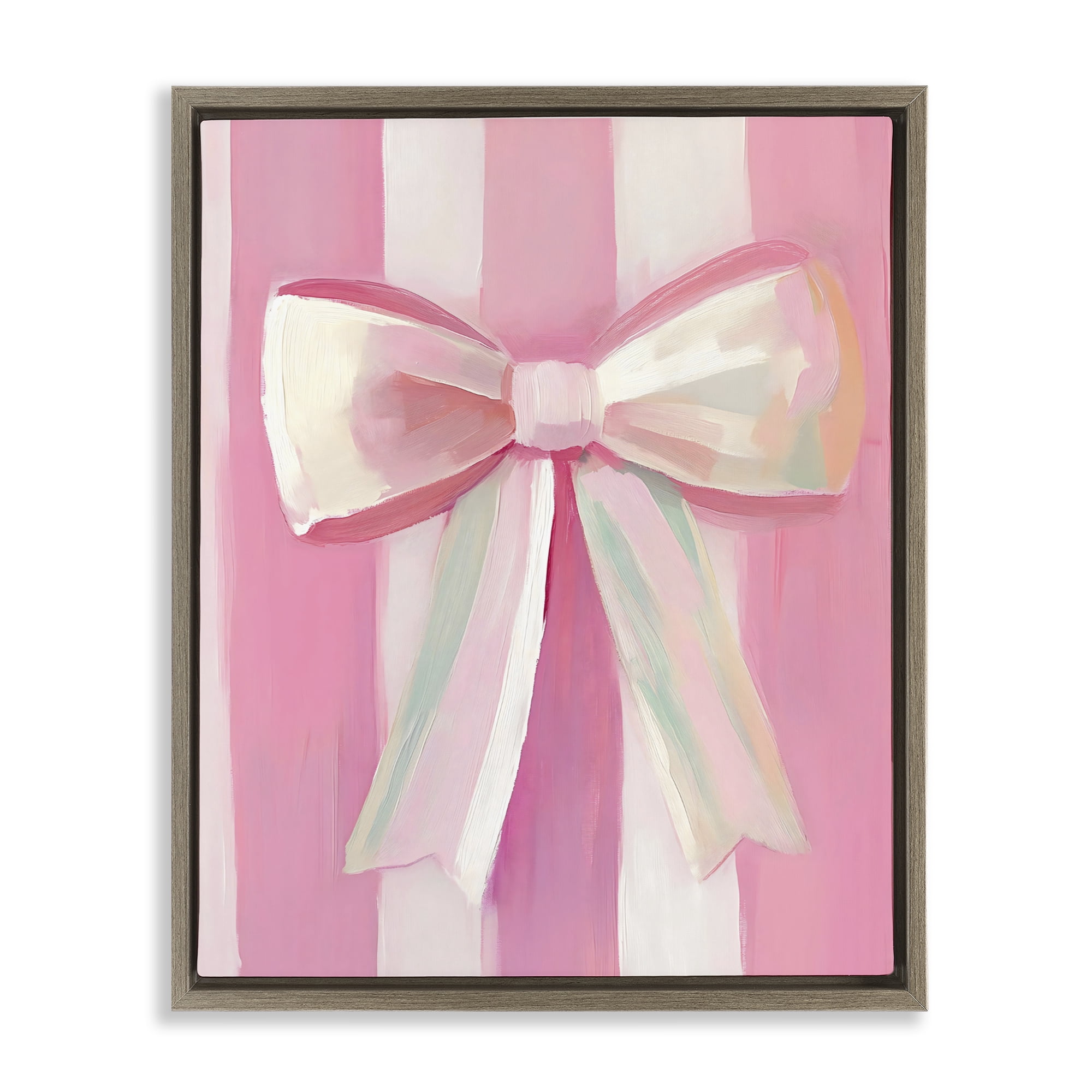 Stupell Industries Preppy Pink Bow on Stripes Brown Framed Floater Canvas Wall Art, design by The Prints Vibe