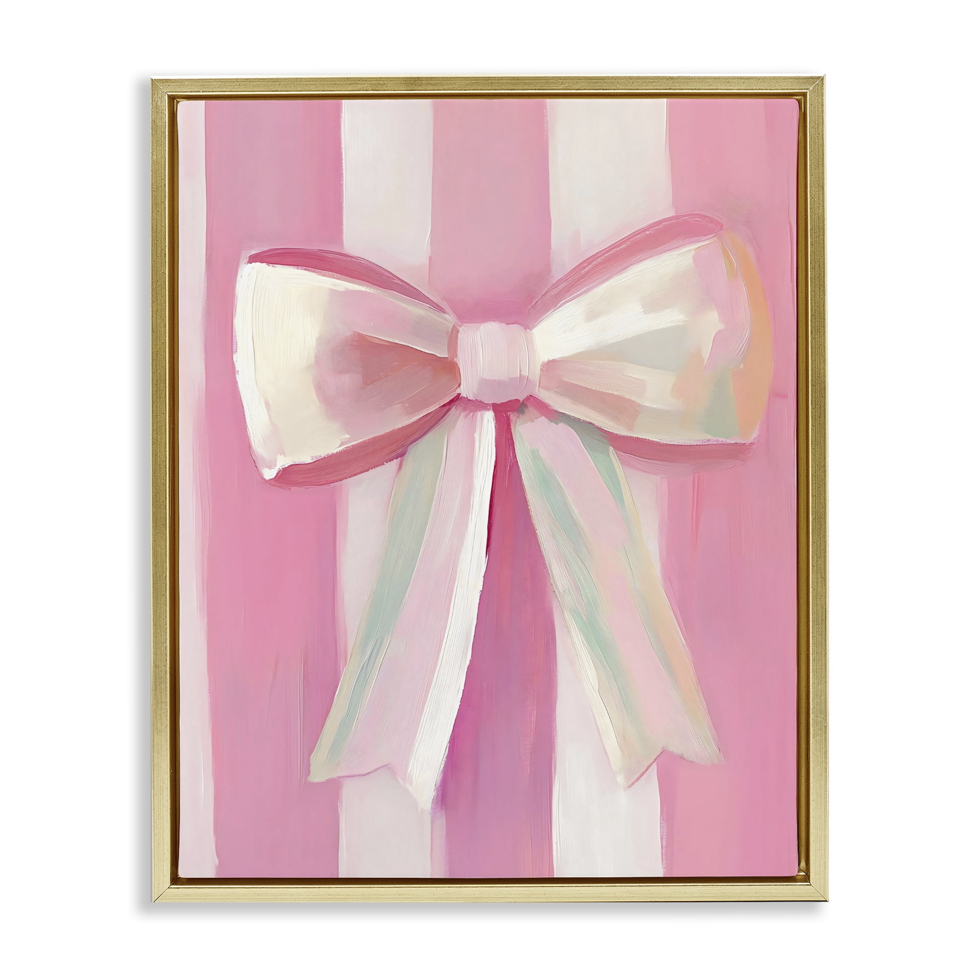 Stupell Industries Preppy Pink Bow on Stripes Gold Framed Floater Canvas Wall Art, design by The Prints Vibe
