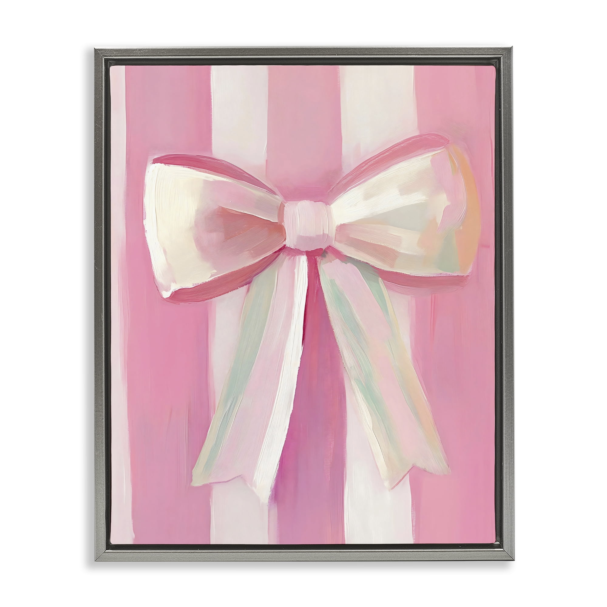 Stupell Industries Preppy Pink Bow on Stripes Gray Framed Floater Canvas Wall Art, design by The Prints Vibe
