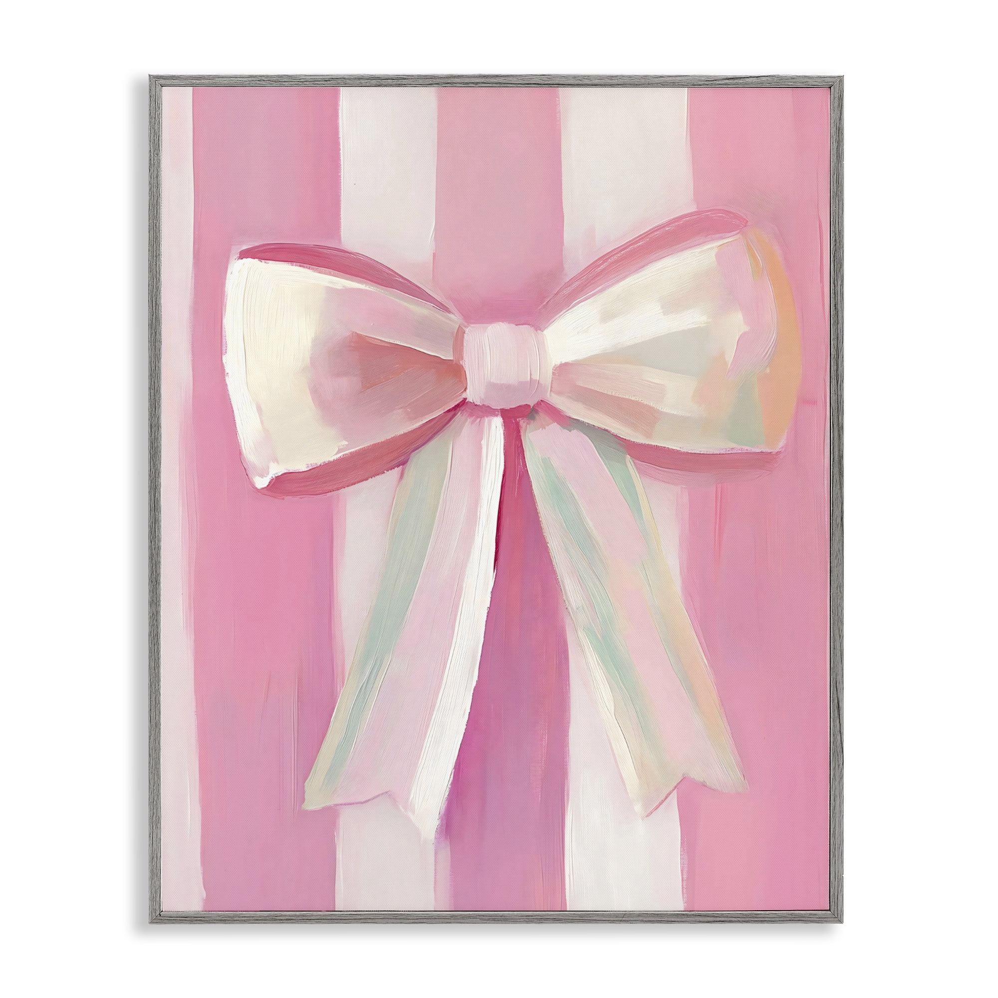 Stupell Industries Preppy Pink Bow on Stripes Gray Framed Giclee Art, design by The Prints Vibe