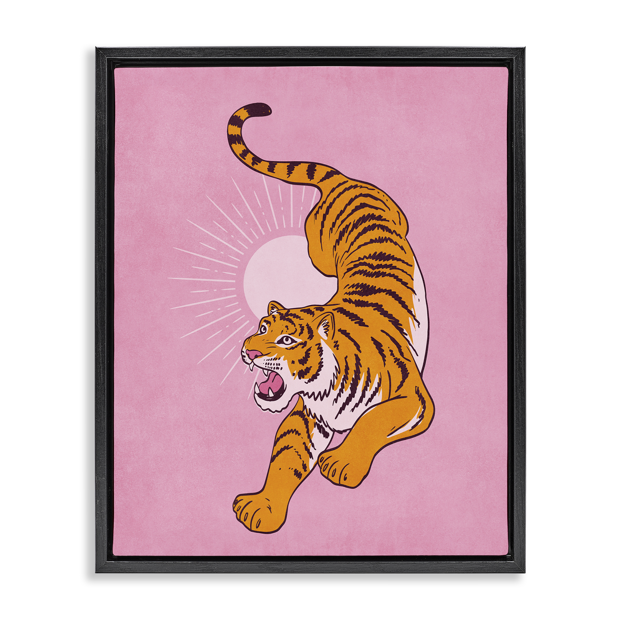 Stupell Industries Preppy Roaring Tiger Animals Painting Black Floater Framed Canvas Art Print Wall Art, 17 x 21