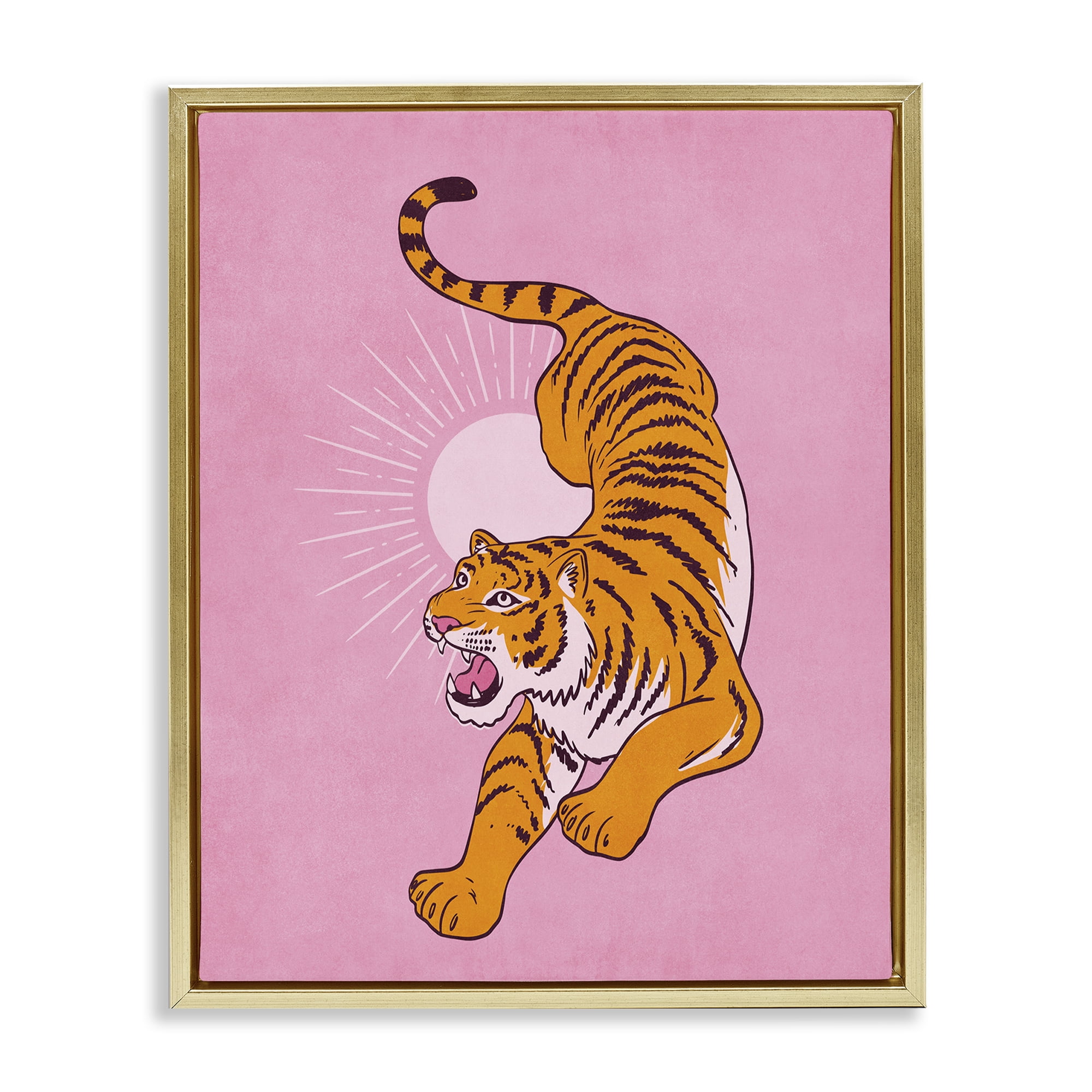 Stupell Industries Preppy Roaring Tiger Animals Painting Gold Floater Framed Canvas Art Print Wall Art, 17 x 21