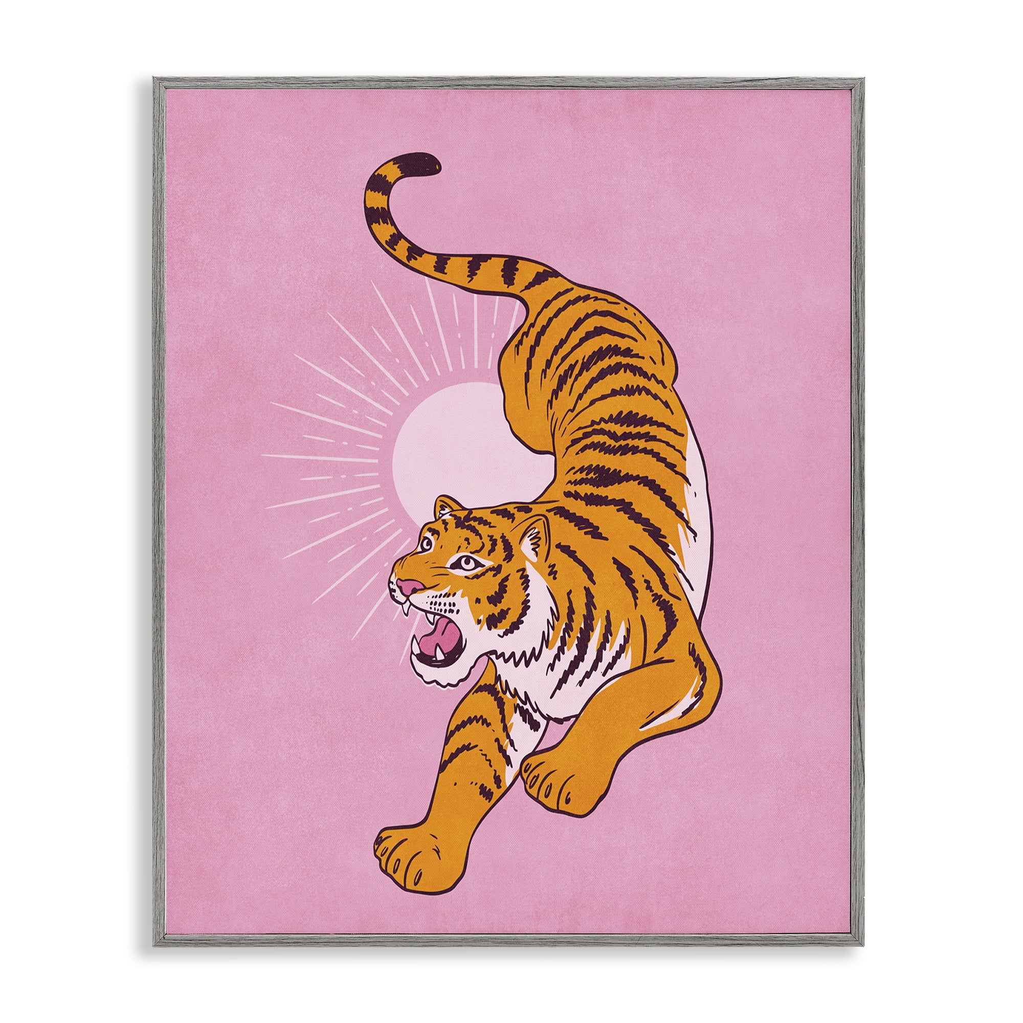 Stupell Industries Preppy Roaring Tiger Animals Painting Gray Framed Art Print Wall Art, 24 x 30