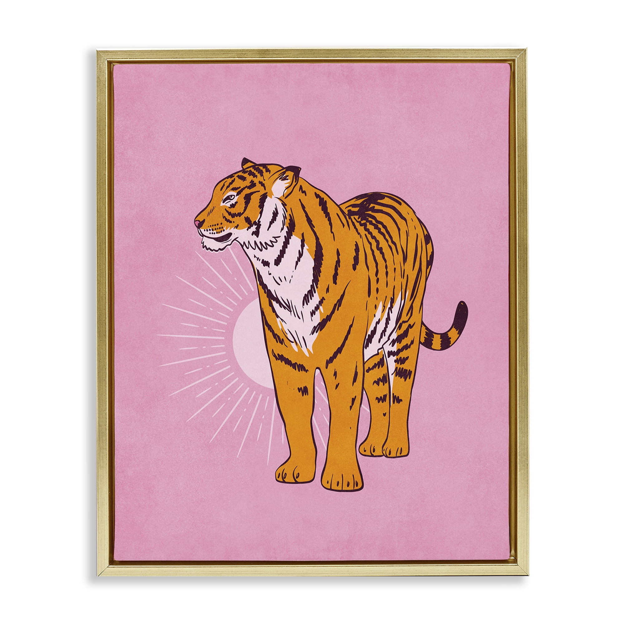 Stupell Industries Preppy Tiger Standing Animals Painting Gold Floater Framed Canvas Art Print Wall Art, 17 x 21