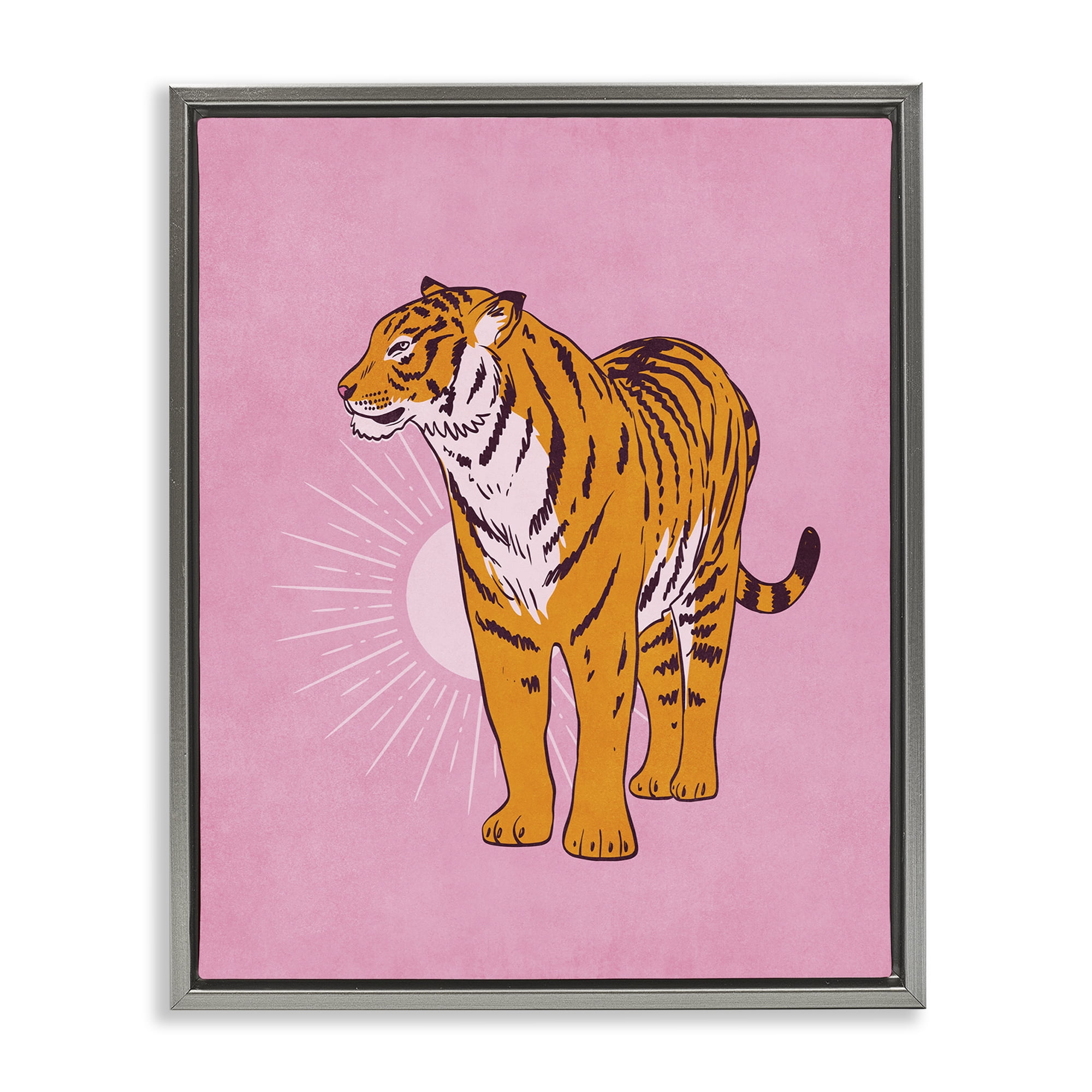 Stupell Industries Preppy Tiger Standing Animals Painting Gray Floater Framed Canvas Art Print Wall Art, 25 x 31