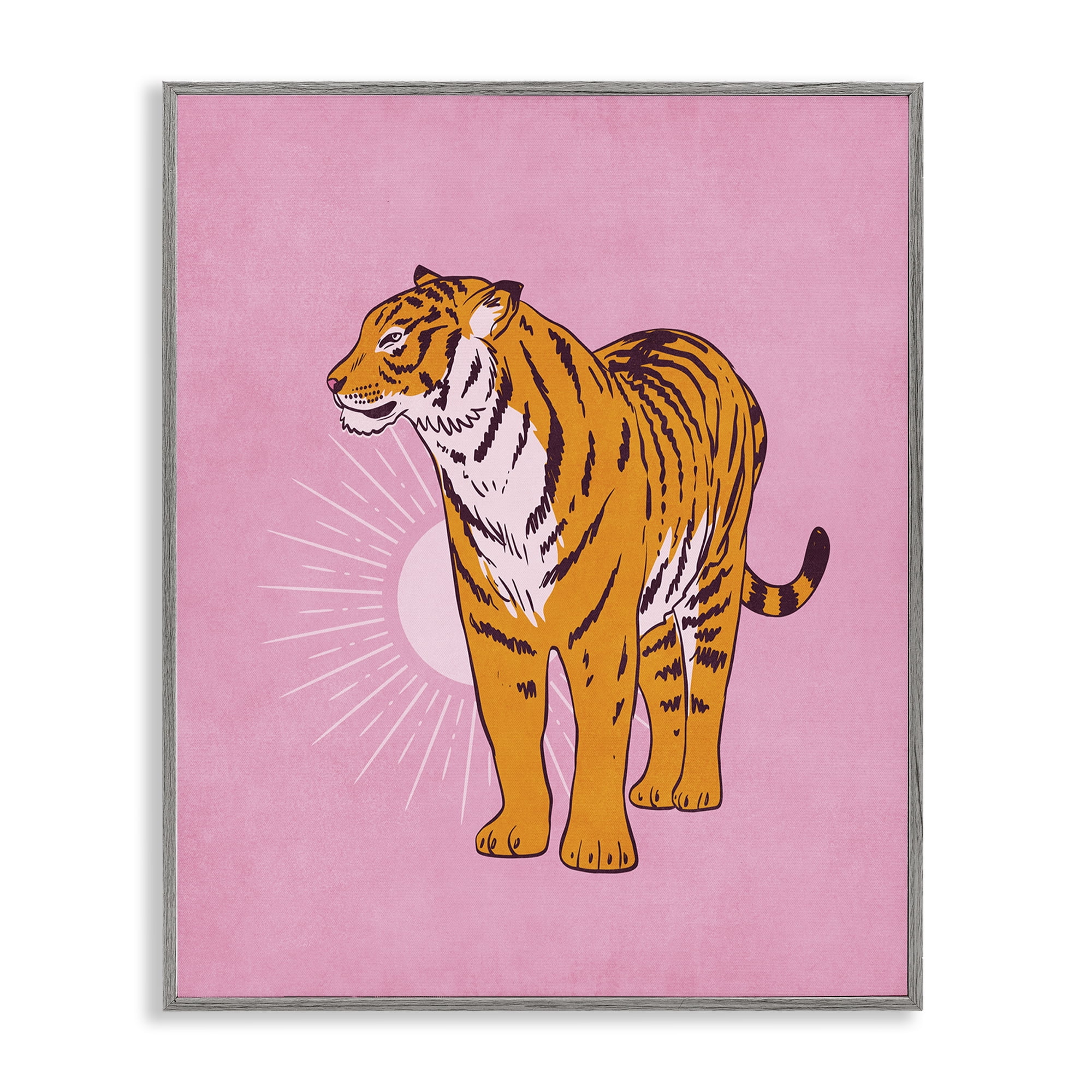 Stupell Industries Preppy Tiger Standing Animals Painting Gray Framed Art Print Wall Art, 24 x 30