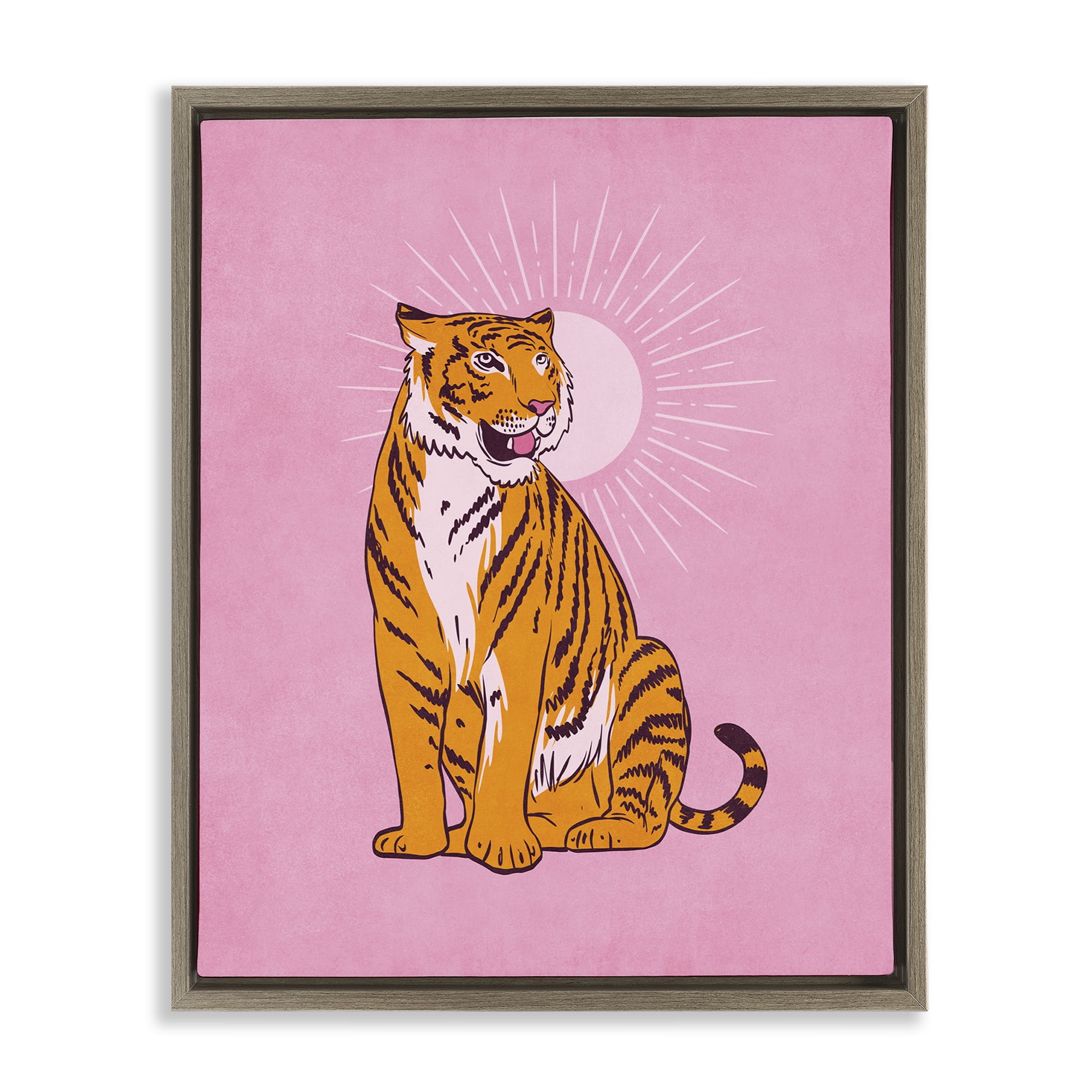 Stupell Industries Preppy Tiger on Pink Animals Painting Brown Floater Framed Canvas Art Print Wall Art, 17 x 21