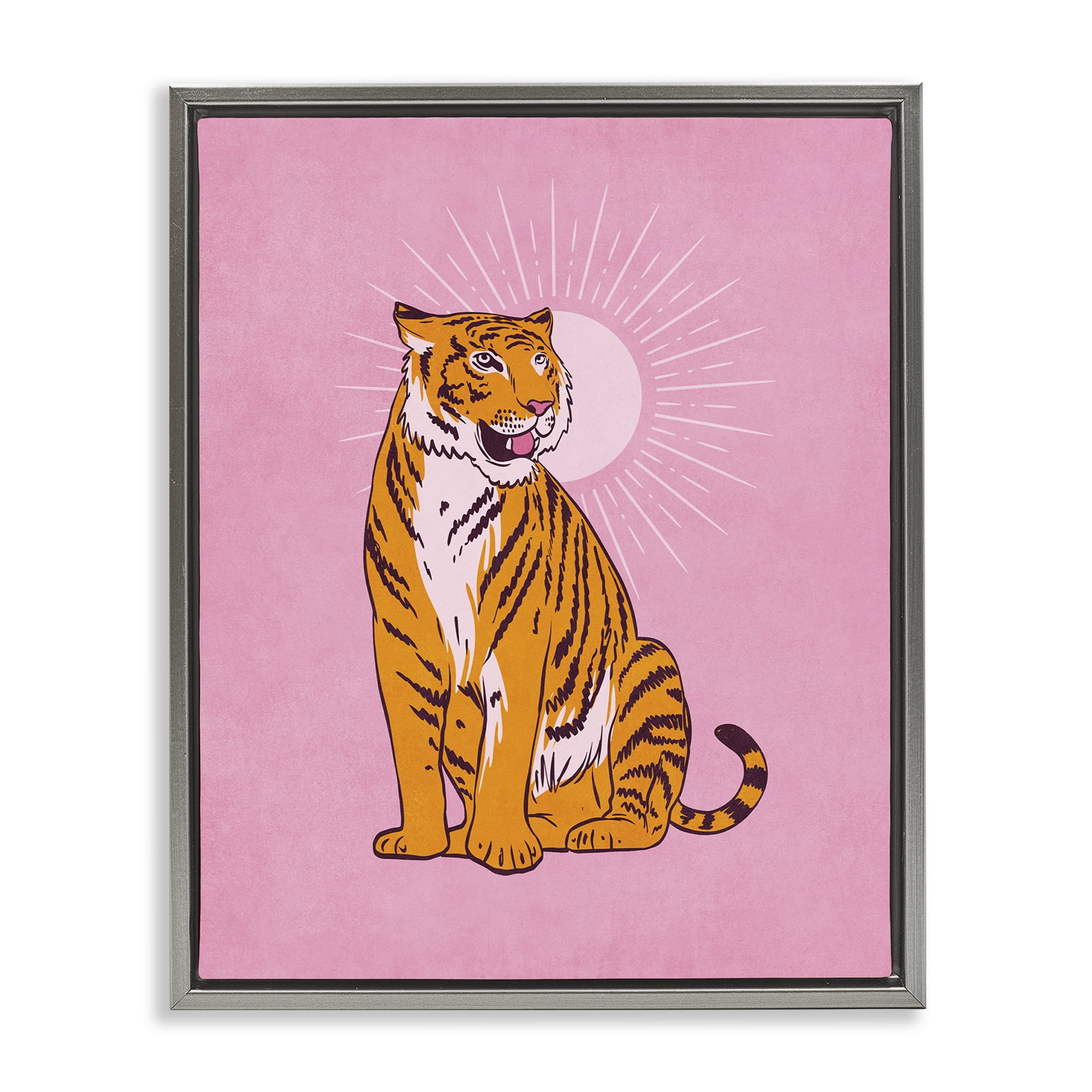 Stupell Industries Preppy Tiger on Pink Animals Painting Gray Floater Framed Canvas Art Print Wall Art, 17 x 21