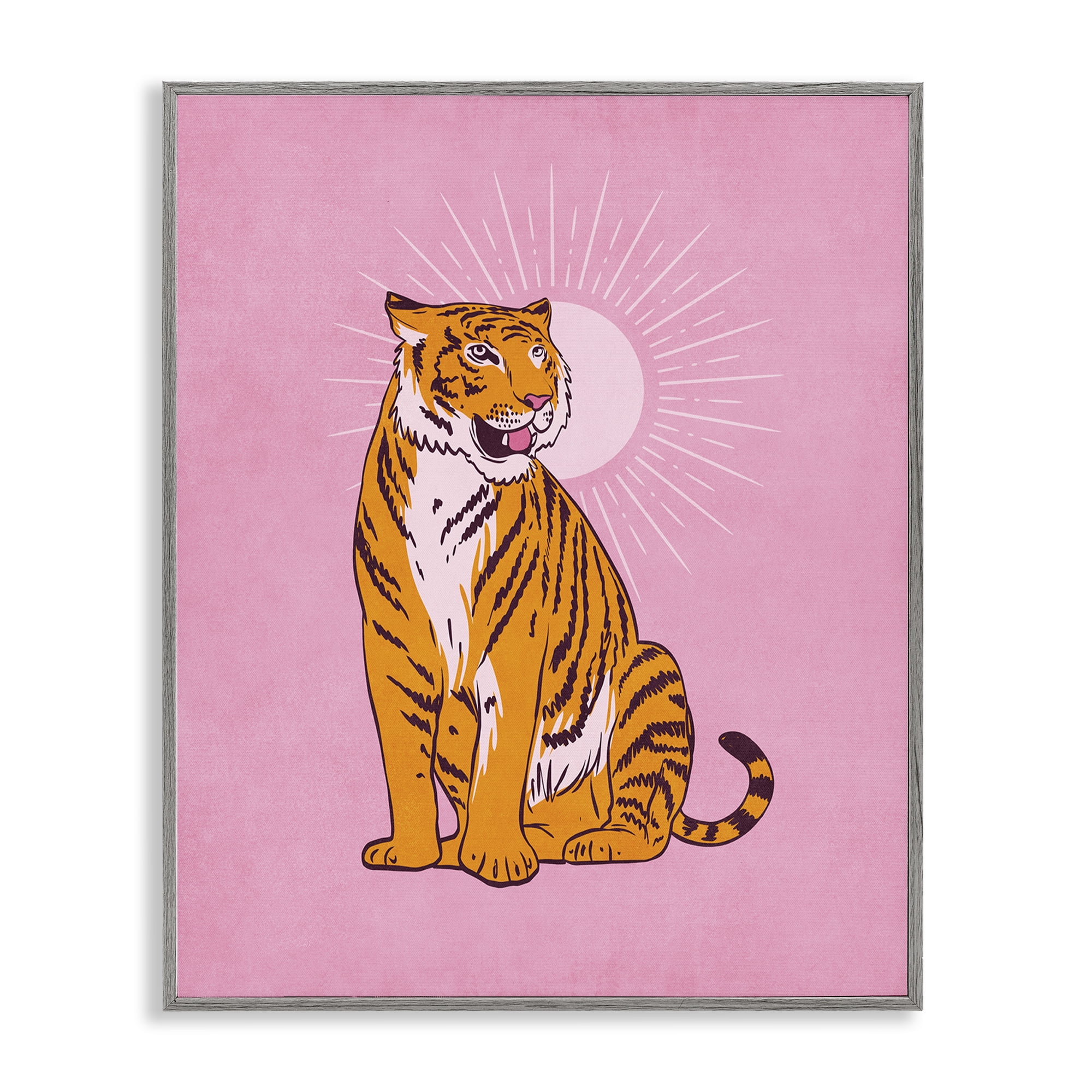 Stupell Industries Preppy Tiger on Pink Animals Painting Gray Framed Art Print Wall Art, 16 x 20
