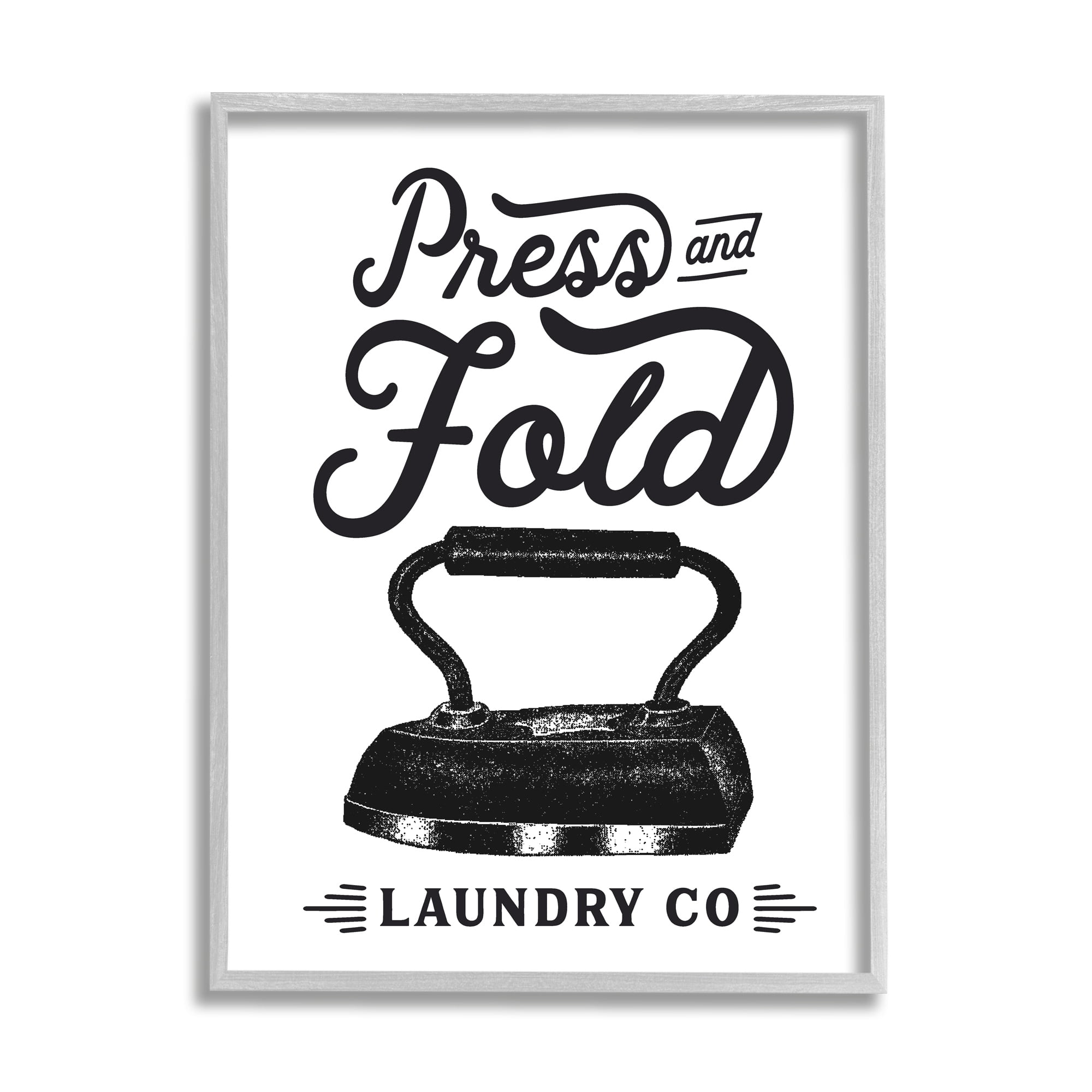 Stupell Industries Press & Fold Antique Iron Laundry Lettering Phrase Graphic Art Gray Framed Art Print Wall Art, Design by Lettered and Lined