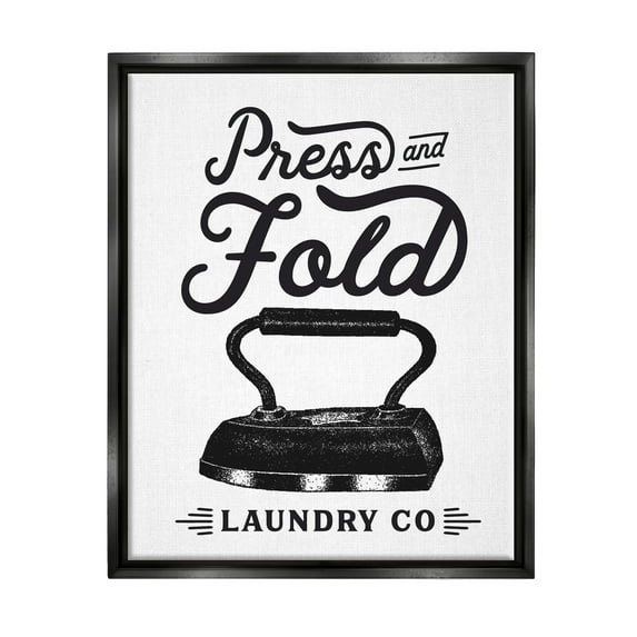Stupell Industries Press & Fold Antique Iron Laundry Lettering Phrase Graphic Art Jet Black Floating Framed Canvas Print Wall Art, Design by Lettered and Lined