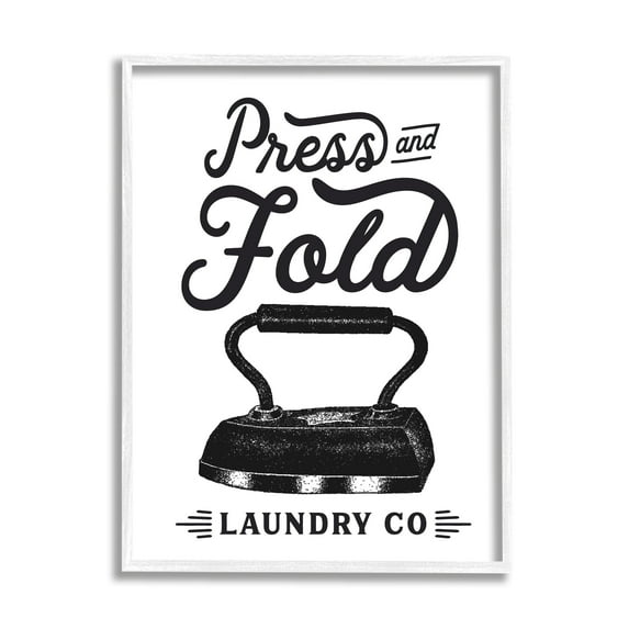 Stupell Industries Press & Fold Antique Iron Laundry Lettering Phrase Graphic Art White Framed Art Print Wall Art, Design by Lettered and Lined