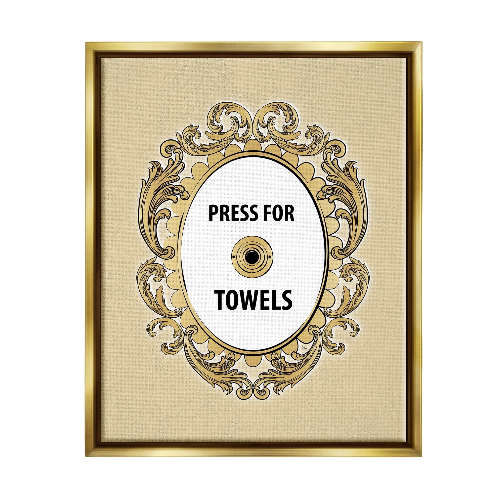 Stupell Industries Press For Towels Ornate Bell Typography Painting Gold Floater Framed Art Print Wall Art