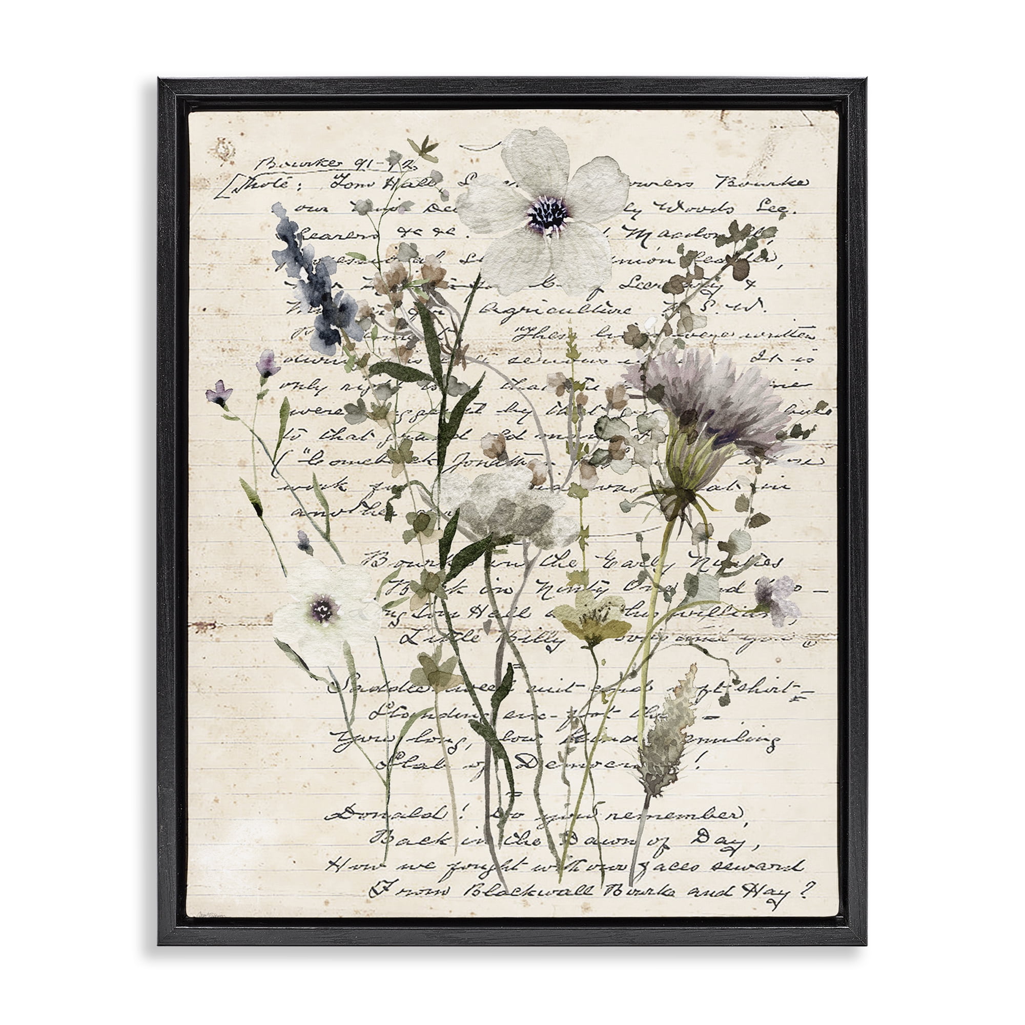 Stupell Industries Pressed Flowers on Page Plants & Flowers Painting Black Floater Framed Canvas Art Print Wall Art, 25 x 31
