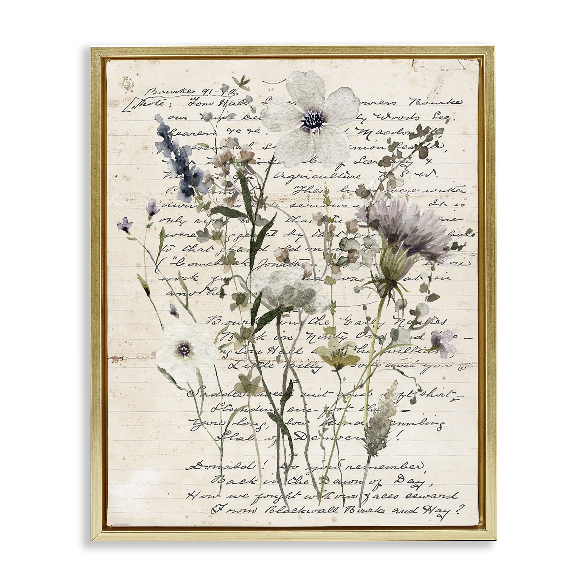 Stupell Industries Pressed Flowers on Page Plants & Flowers Painting Gold Floater Framed Canvas Art Print Wall Art, 17 x 21