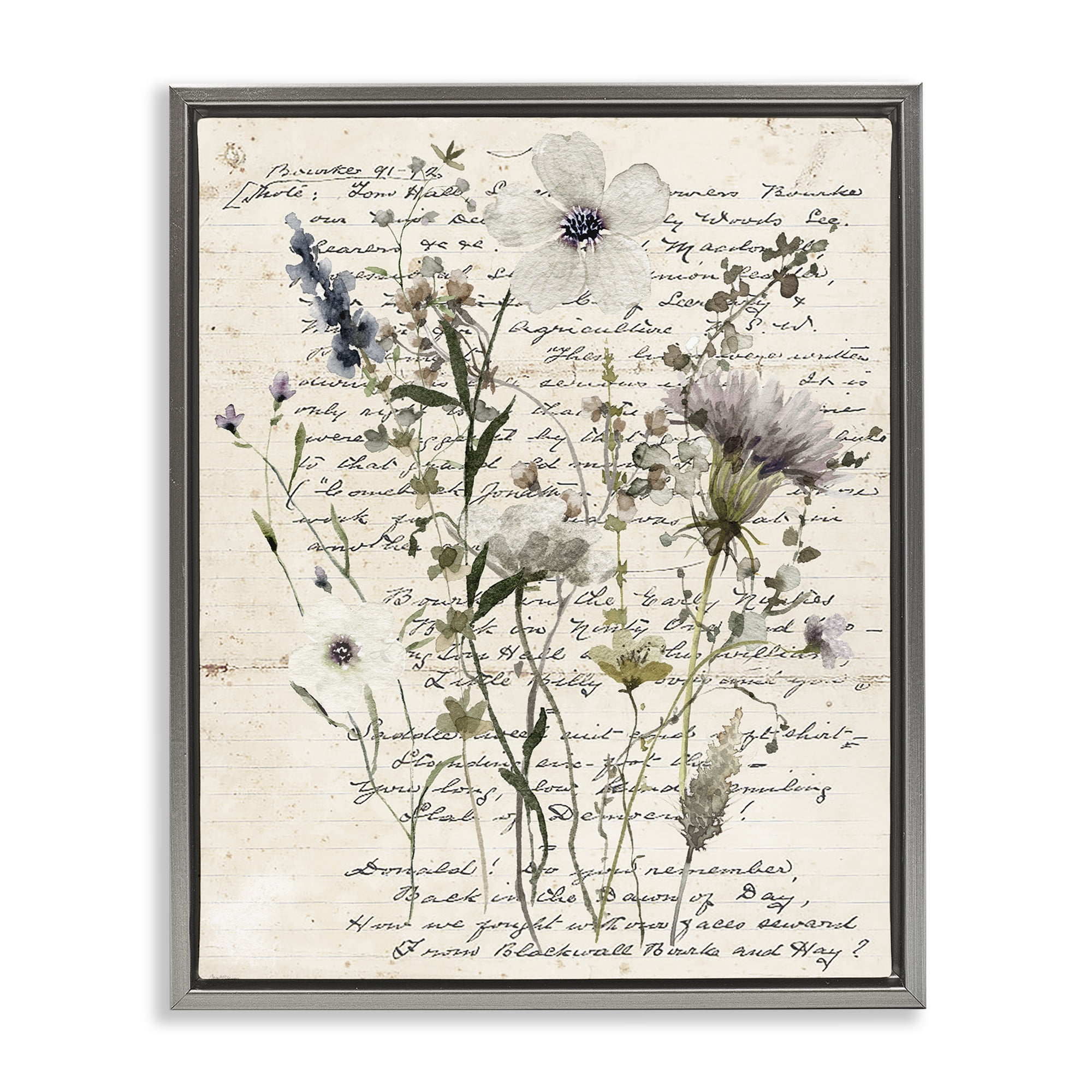 Stupell Industries Pressed Flowers on Page Plants & Flowers Painting Gray Floater Framed Canvas Art Print Wall Art, 25 x 31