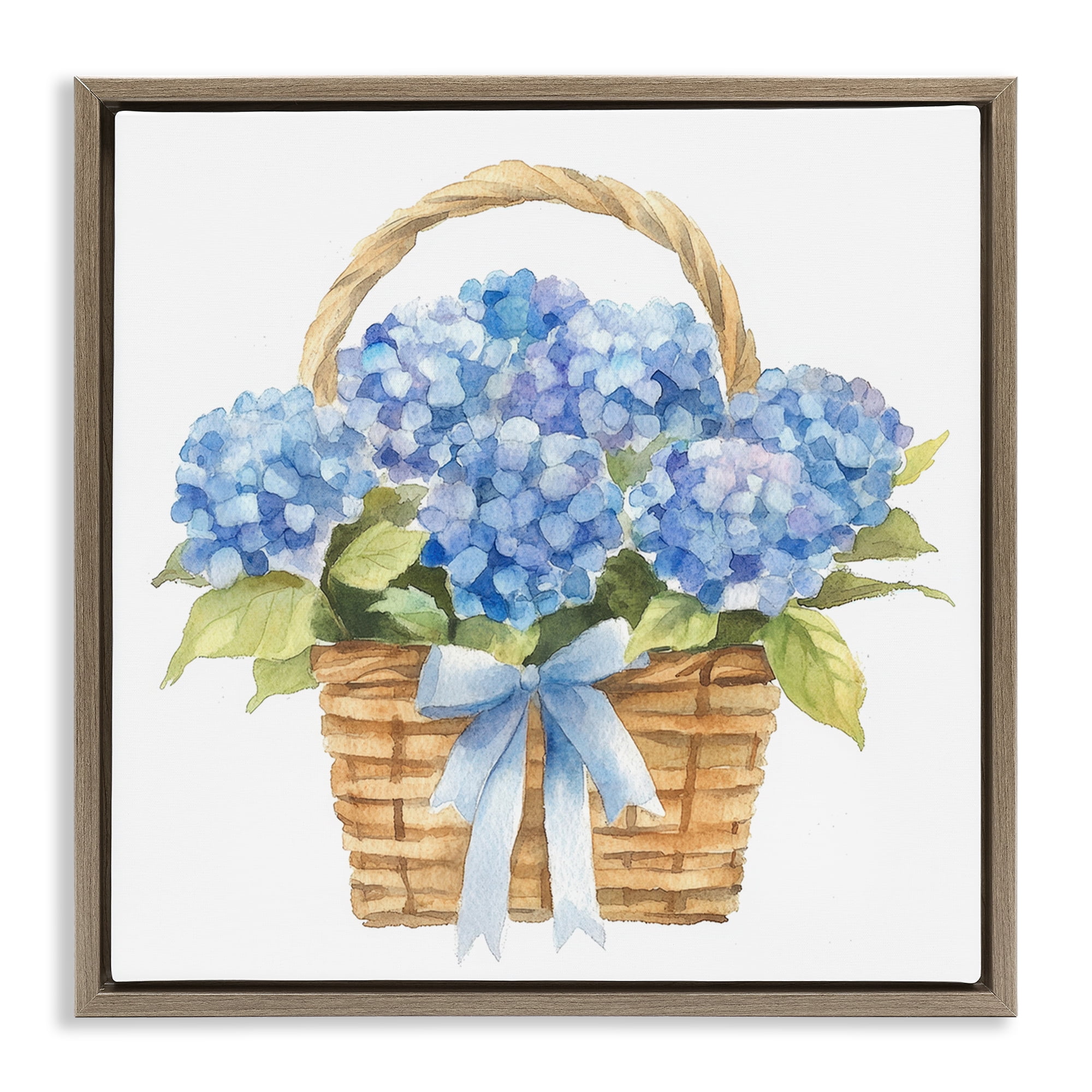Stupell Industries Pretty Blue Hydrangea Picnic Basket Brown Framed Floater Canvas Wall Art, design by Petal Prints Design