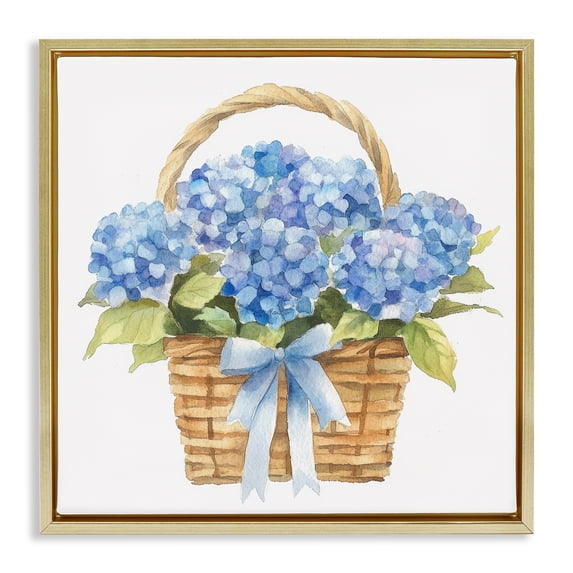 Stupell Industries Shabby Chic Pretty Blue Hydrangea Picnic Basket Gold Floating Frame Canvas Art, 18 x 18, by Petals Prints Design
