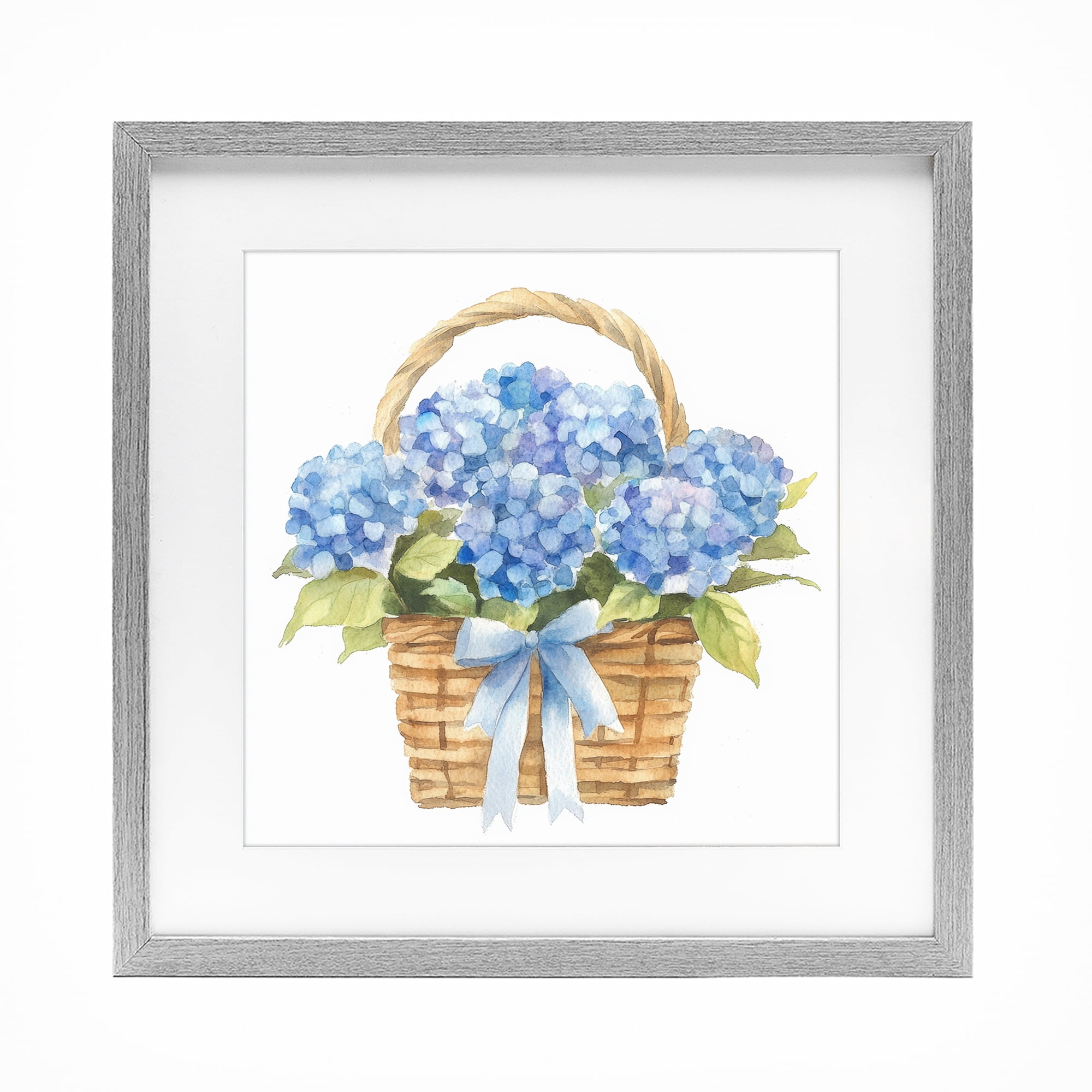 Stupell Industries Pretty Blue Hydrangea Picnic Basket Gray Framed Print Under Glass, design by Petal Prints Design