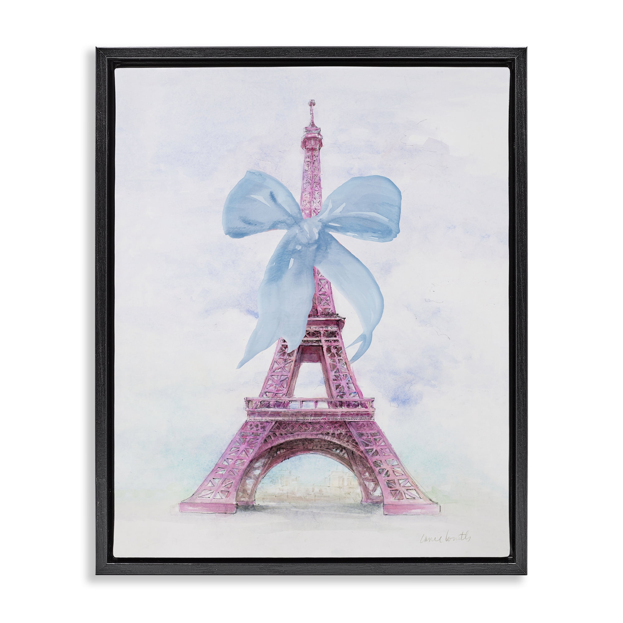 Stupell Industries Pretty Bow Eiffel Tower Buildings & Architecture Painting Black Floater Framed Canvas Art Print Wall Art, 17 x 21