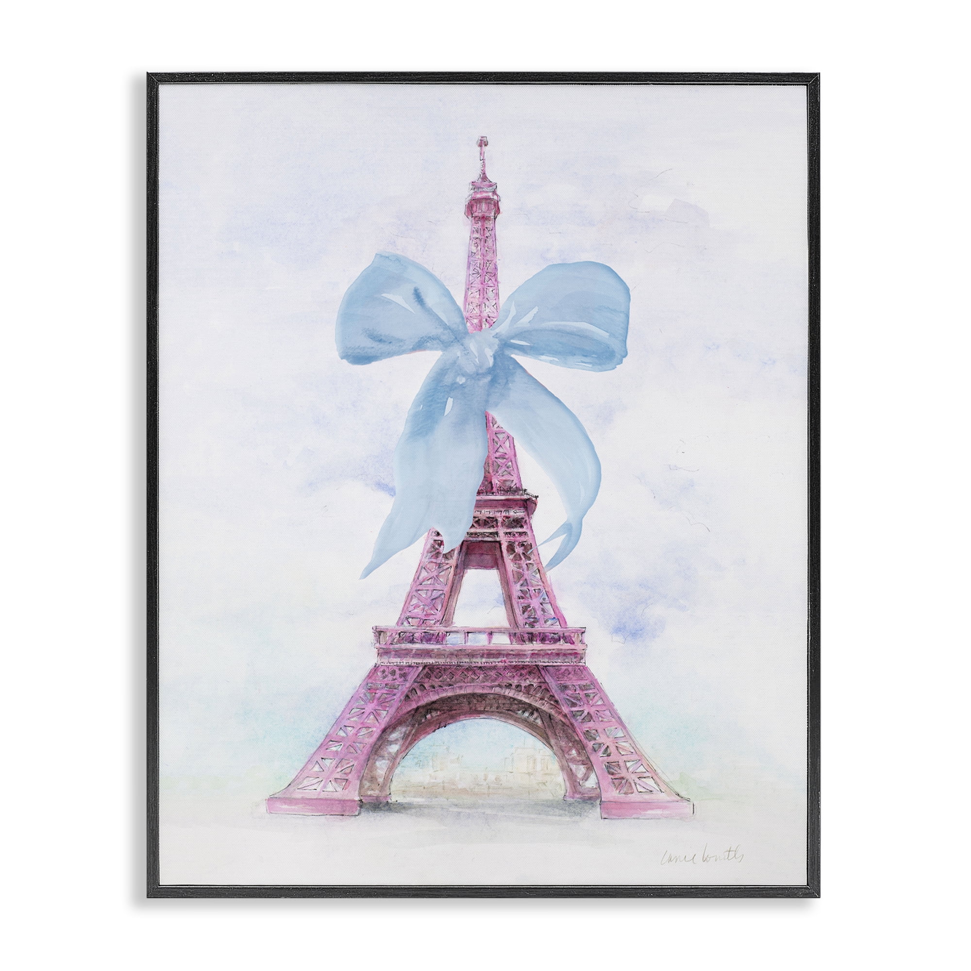 Stupell Industries Pretty Bow Eiffel Tower Buildings & Architecture Painting Black Framed Art Print Wall Art, 11 x 14