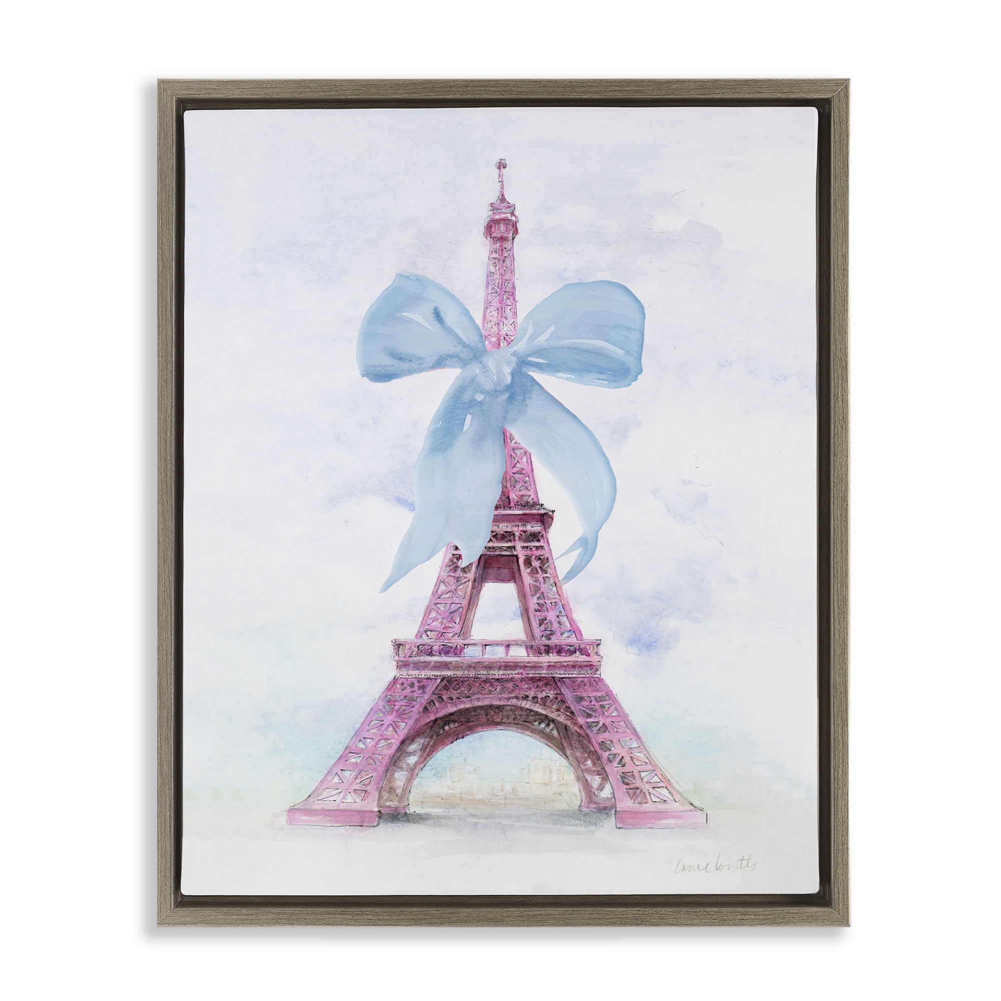 Stupell Industries Pretty Bow Eiffel Tower Buildings & Architecture Painting Brown Floater Framed Canvas Art Print Wall Art, 17 x 21