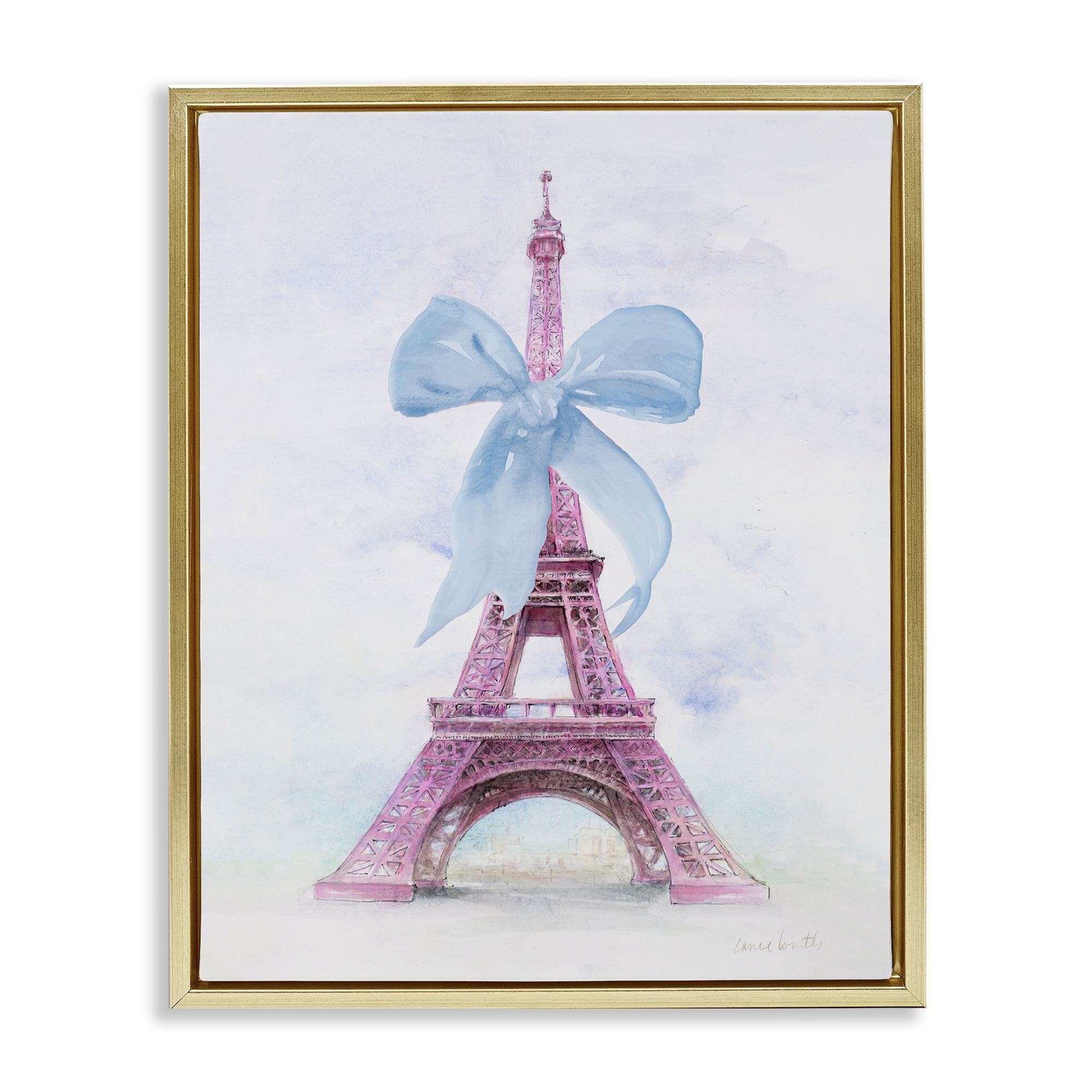 Stupell Industries Pretty Bow Eiffel Tower Buildings & Architecture Painting Gold Floater Framed Canvas Art Print Wall Art, 17 x 21